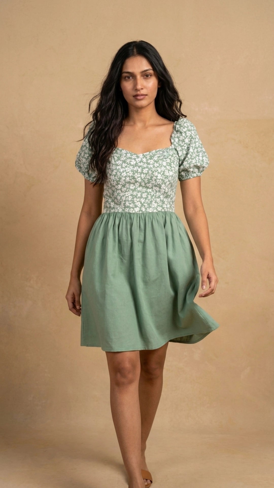 Green Floral Fit and Flare Cotton Linen Dress for Women India | Karee
