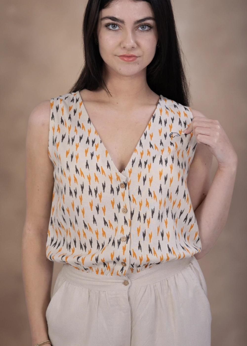 Beige Chevron Linen-Cotton Jumpsuit