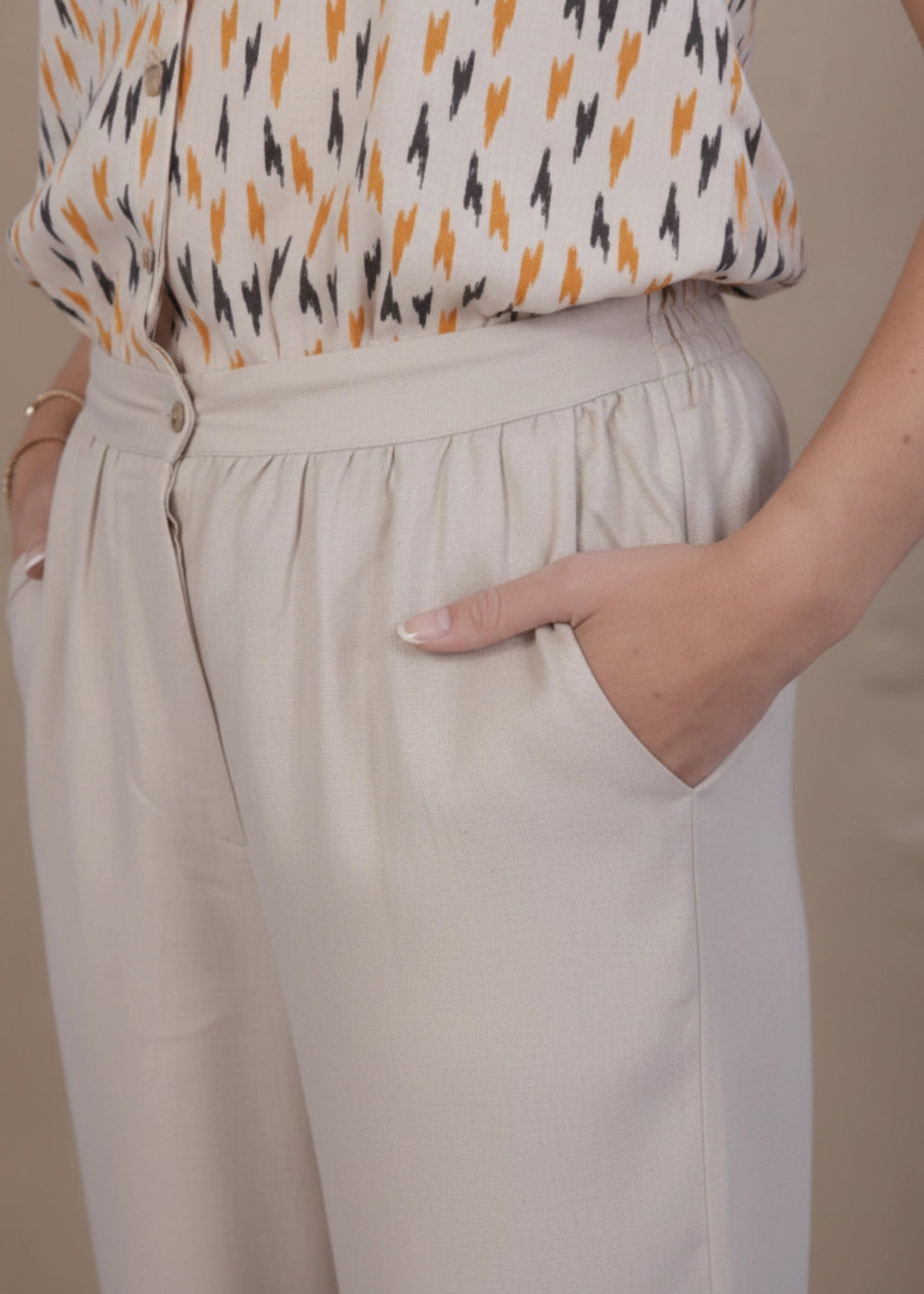 Beige Chevron Linen-Cotton Jumpsuit