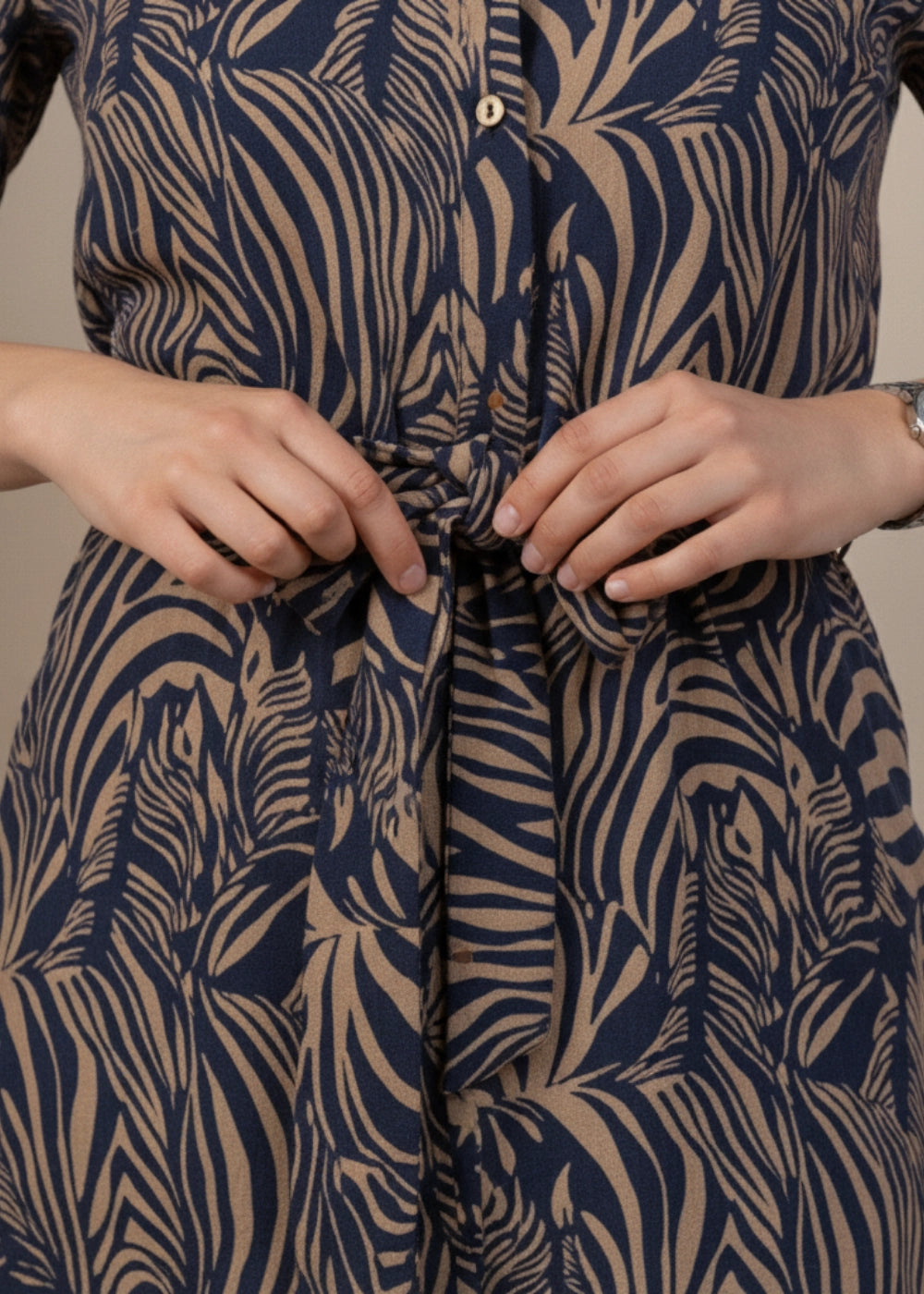 Navy Nights Golden Leaves Linen Shirt Dress