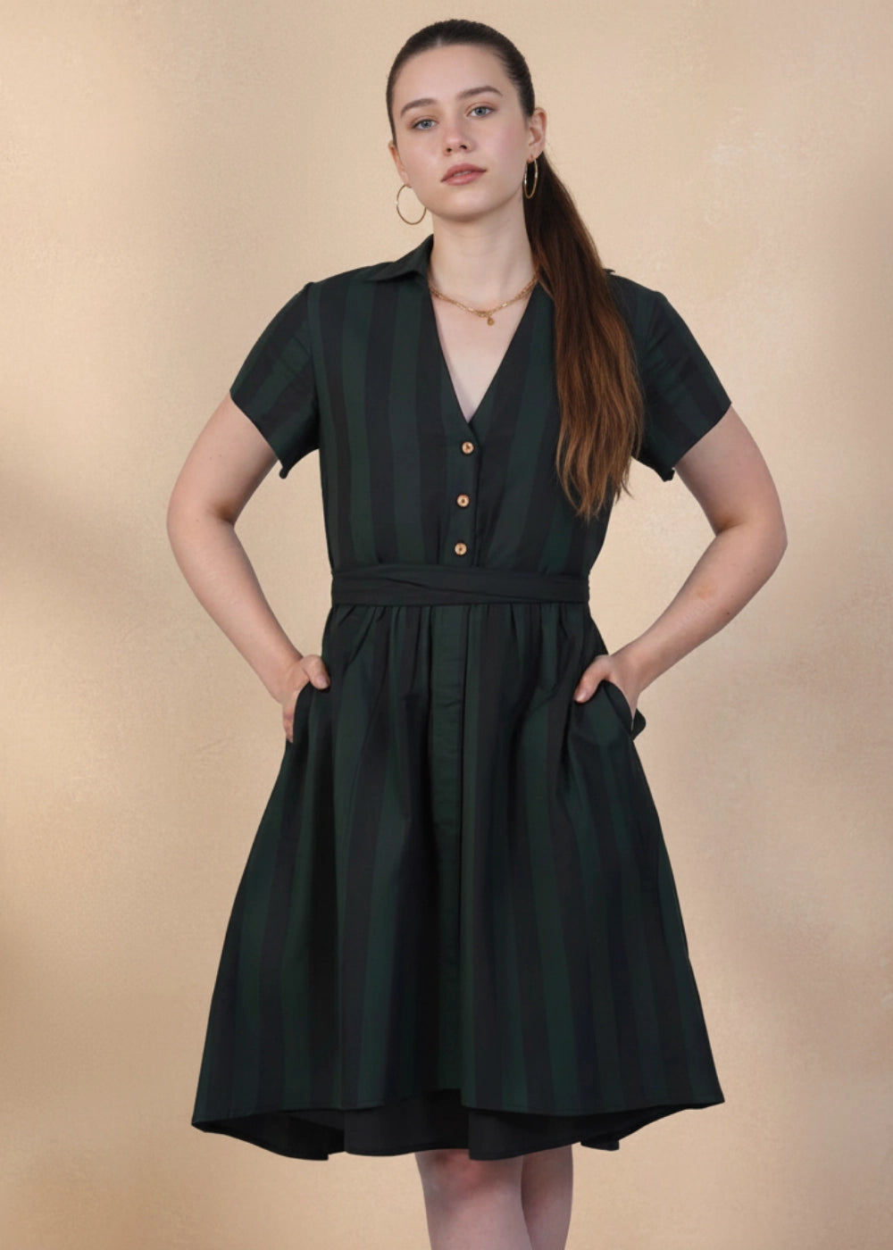 Green & Black Striped Elegance Slit Dress Women Karee