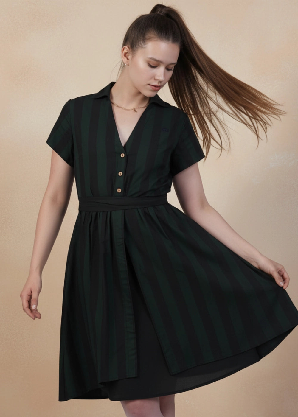 Green & Black Striped Elegance Slit Dress