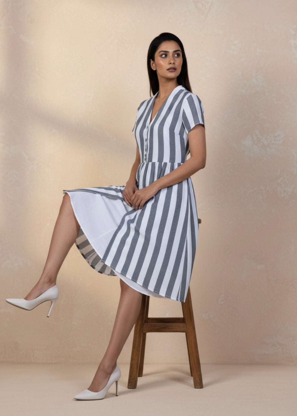 Timeless Striped Elegance Slit Dress (Grey & White)