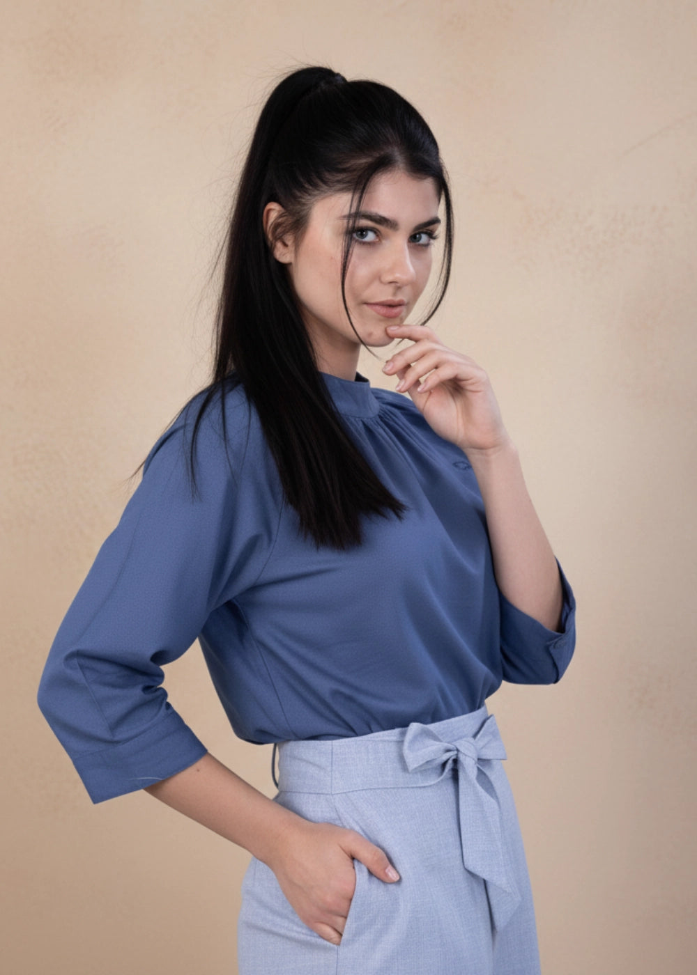 Bio Blue 3/4 Sleeve Linen Top