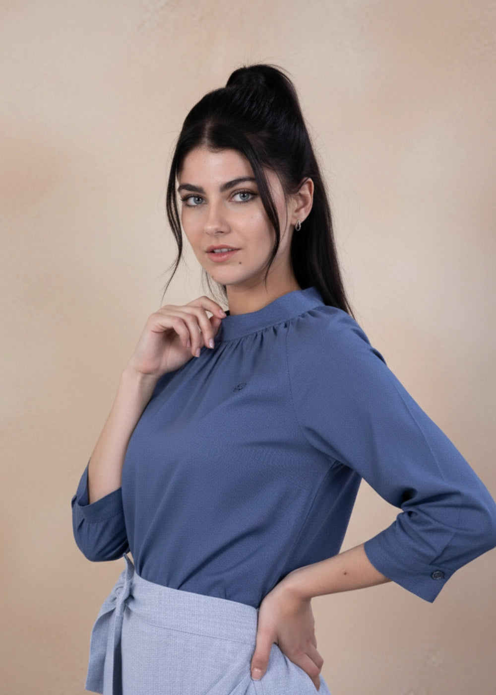 Bio Blue 3/4 Sleeve Linen Top Women Karee