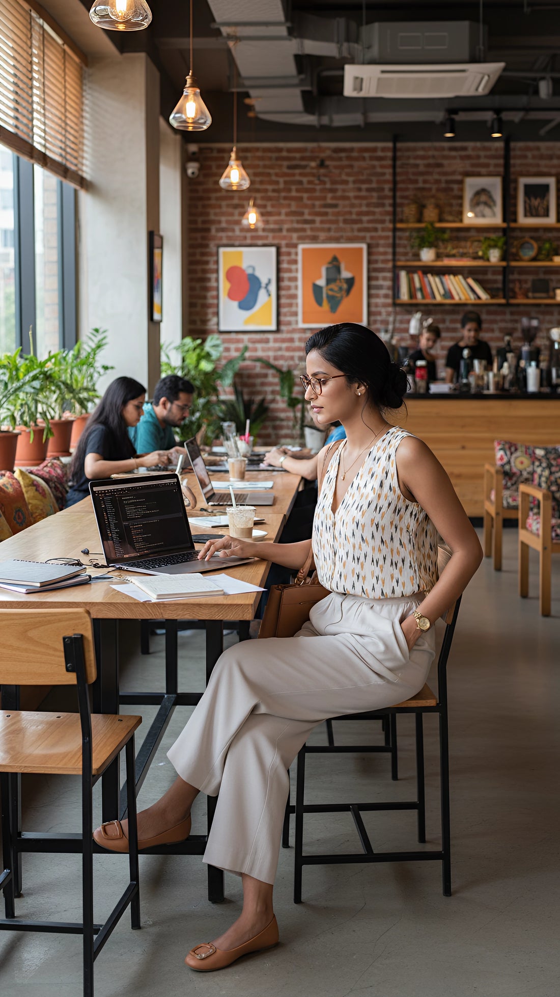 Beige Chevron Linen-Cotton Jumpsuit
