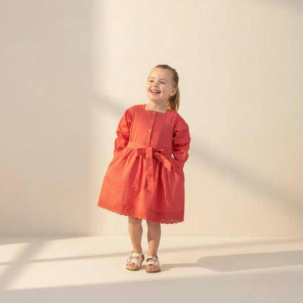Red Long Puff Sleeve Cotton Dress
