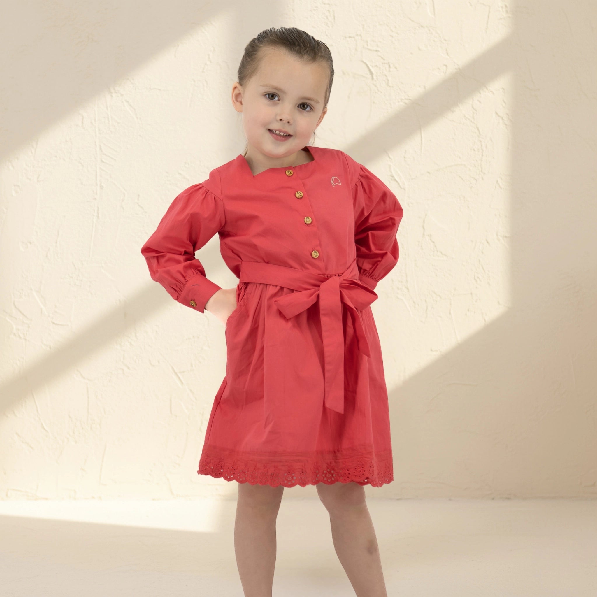 Red Long Puff Sleeve Cotton Dress Kids Karee