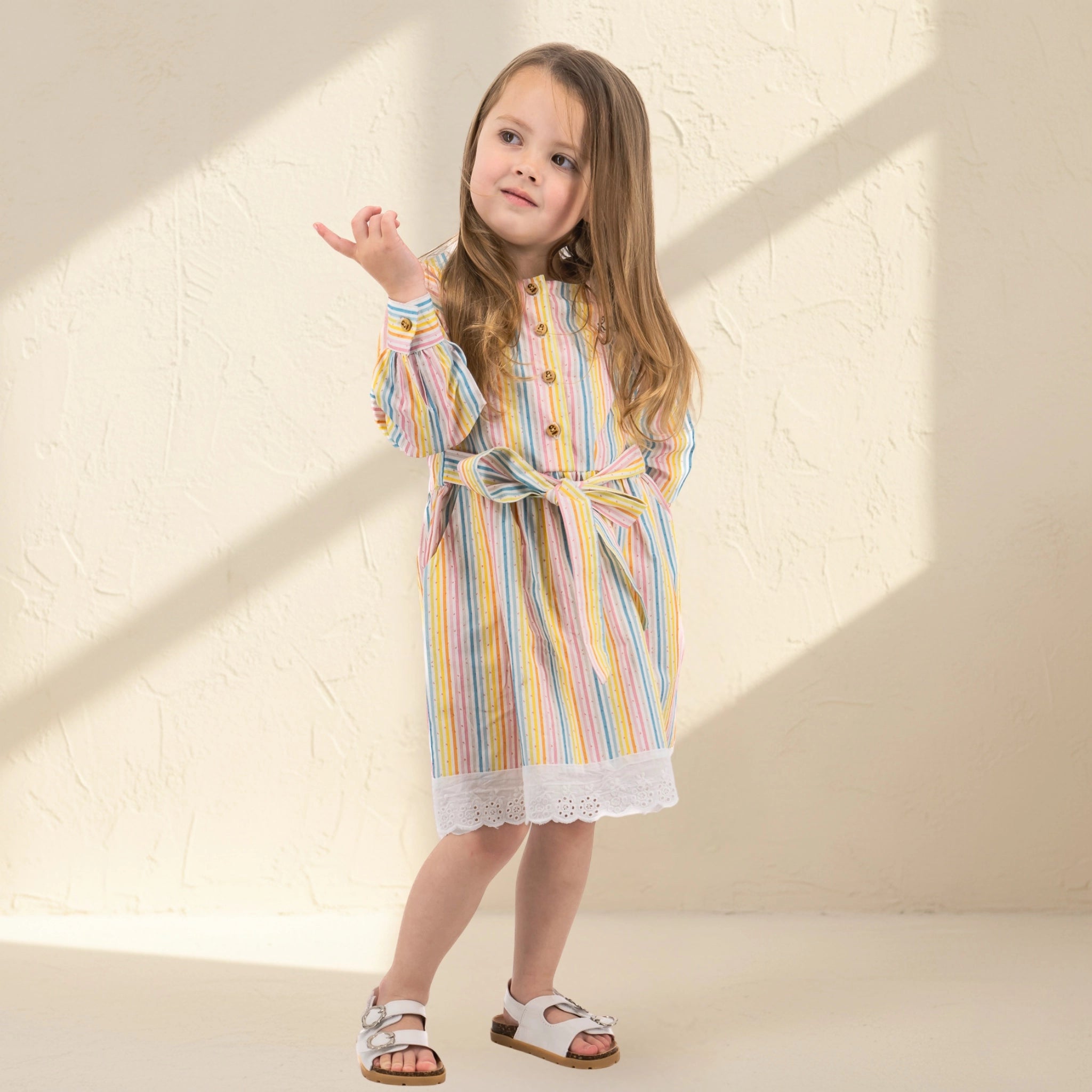 White Striped Puff Sleeve Cotton Dress for Girls | Karee Sustainable Kidswear Age 6-7 Kids Karee