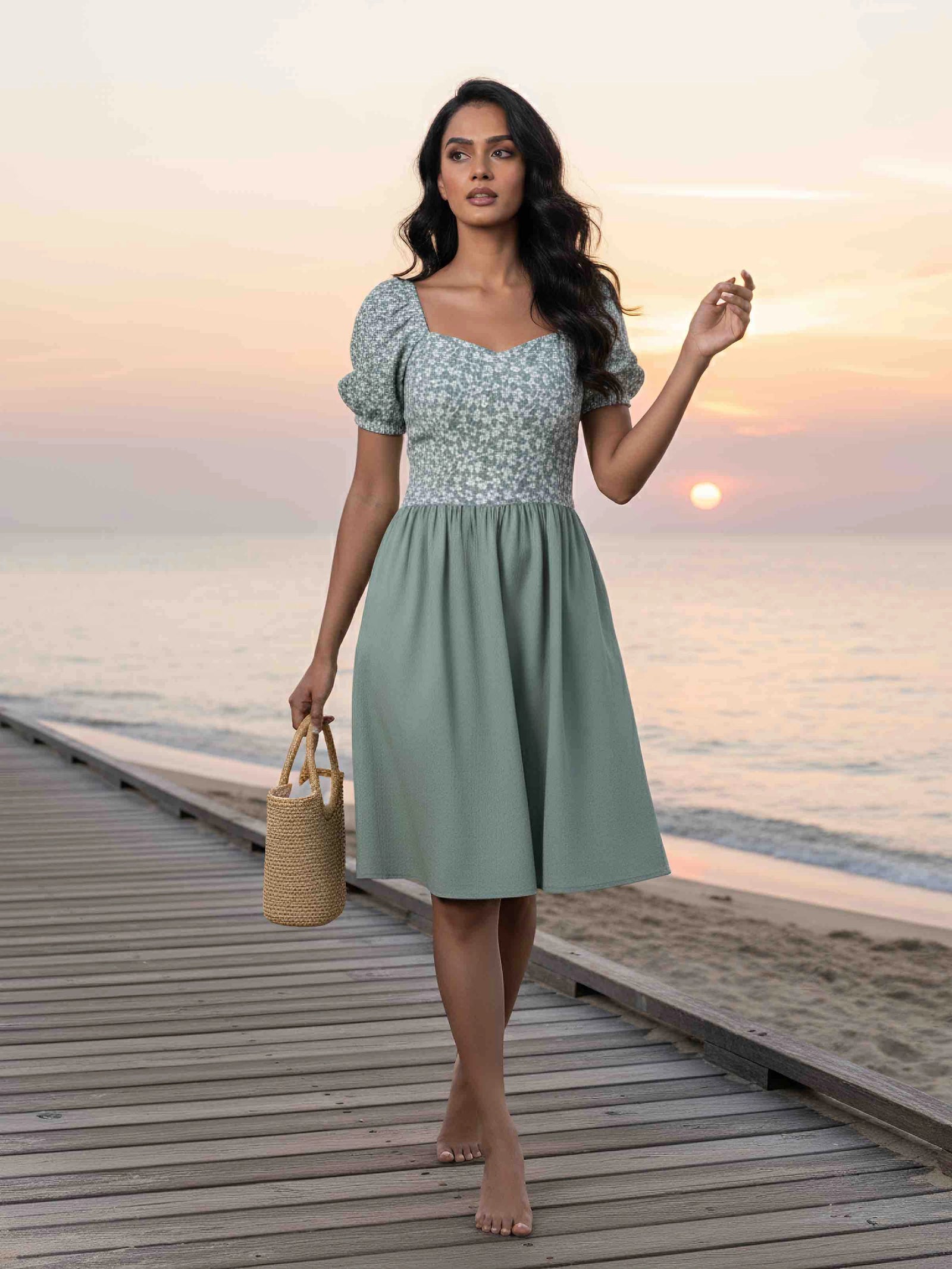 Sirocco Blooms Green Fit & Flare Cotton-Linen Dress
