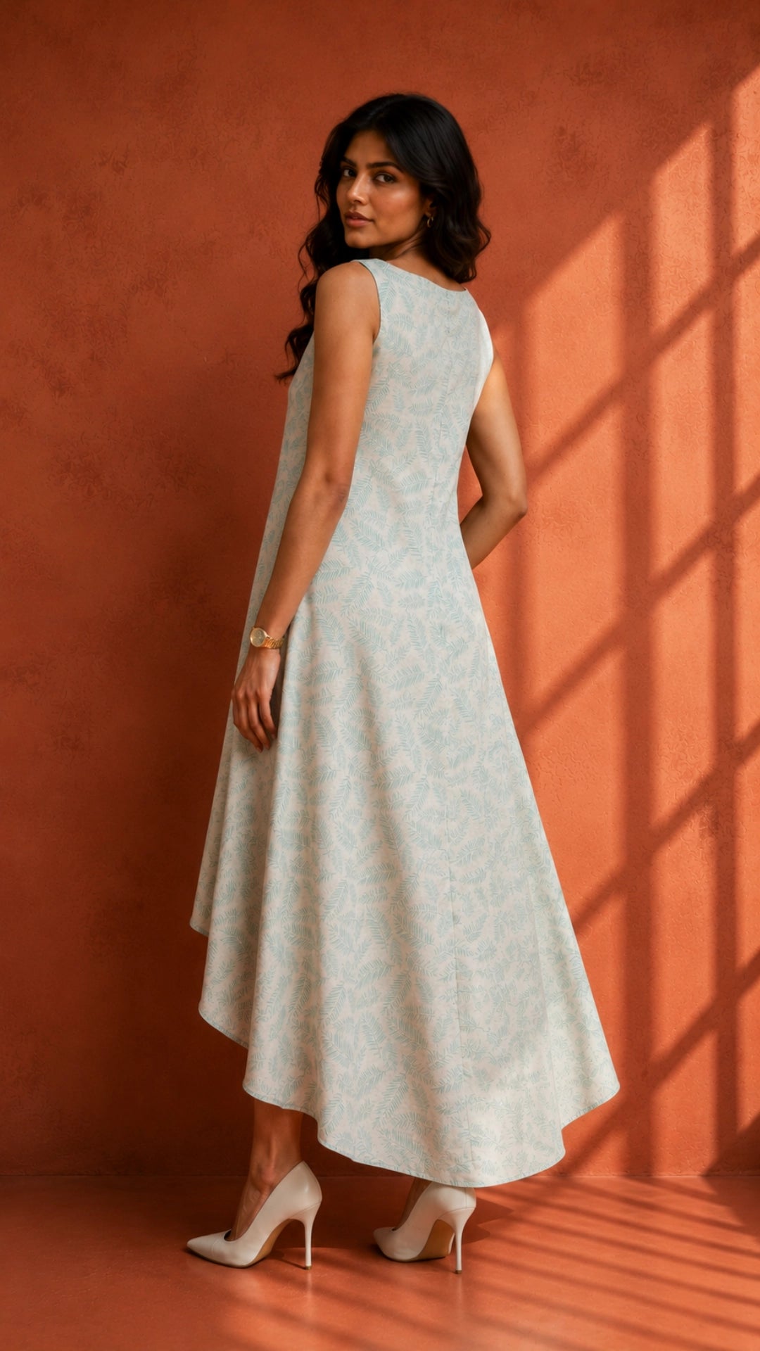 Blue Botanical Print High-Low Linen Cotton Dress for Women India | Karee Women Karee