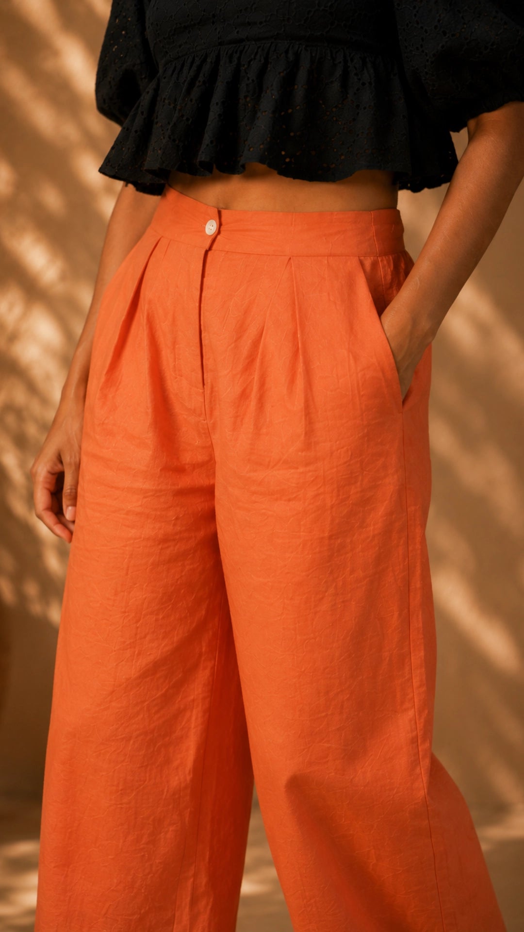 Deep Saffron Linen Trousers for Women India — Wide Leg | Karee Women Karee