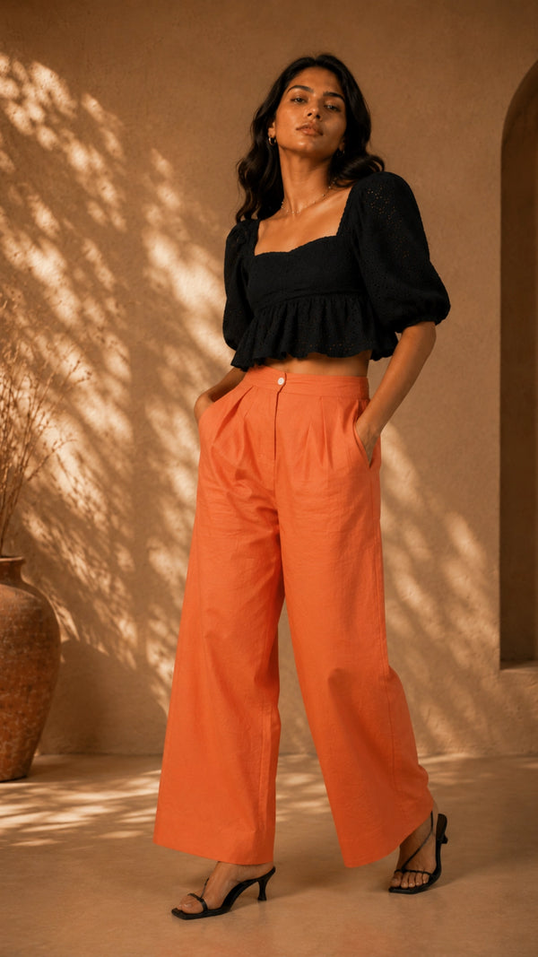 Deep Saffron Linen Trousers for Women India — Wide Leg | Karee
