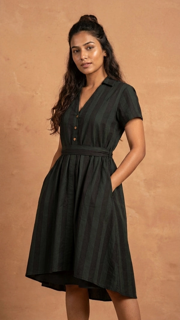 Green Black Stripe Slit Midi Dress for Women India | Karee