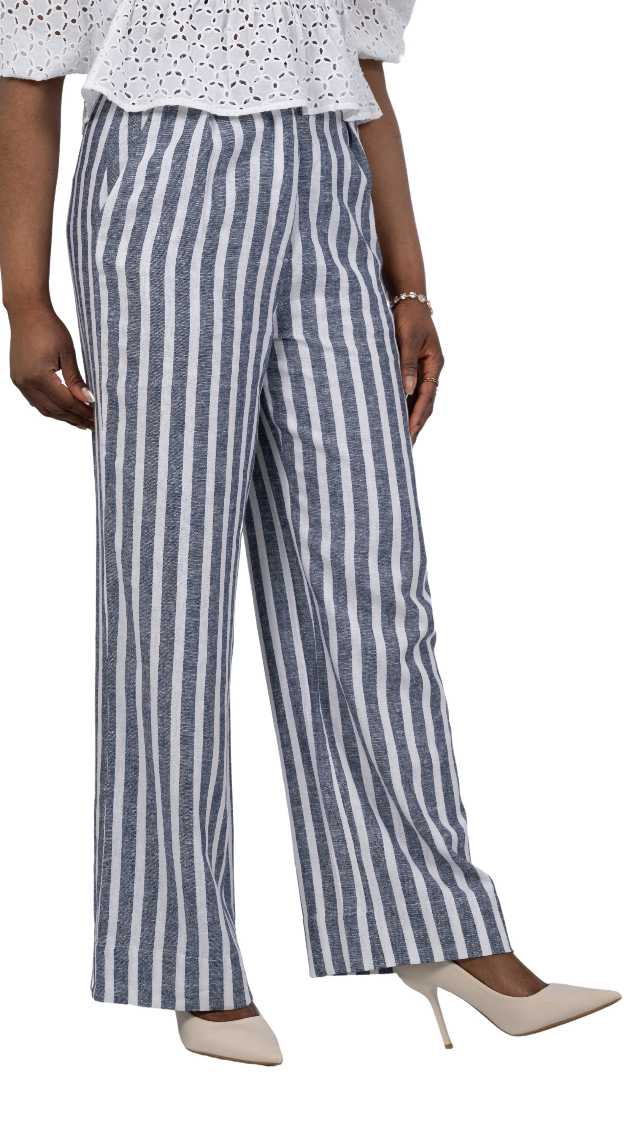 Monochrome Striped Linen wide leg Trousers Sustainable Women’s Fashion UK