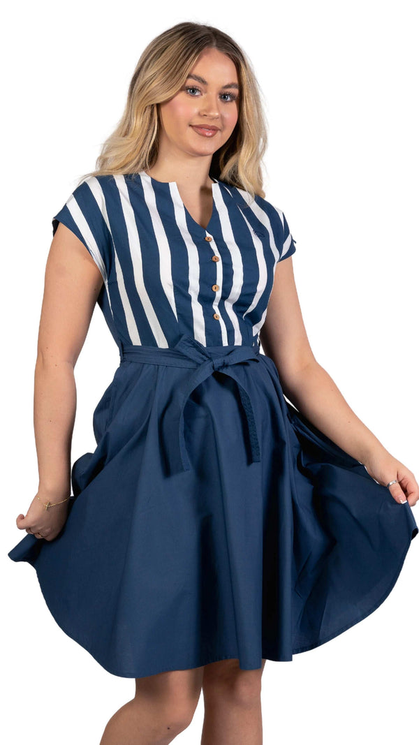 Oasis Cotton Midi Dress – White & Indigo Stripes | Sustainable UK Fashion