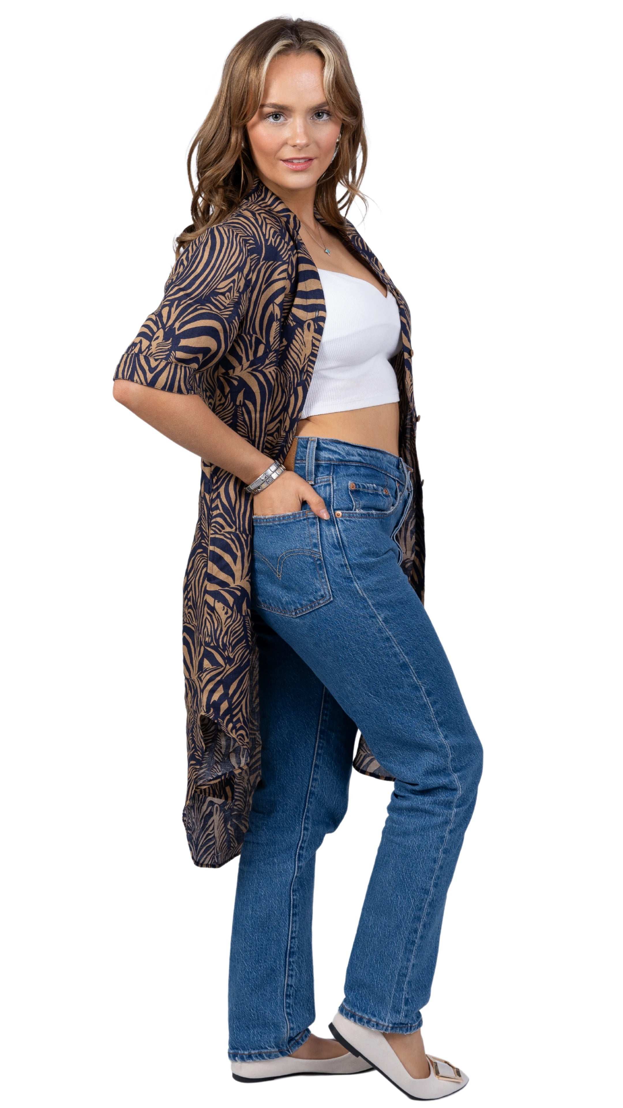 Embrace Coastal Chic with Sustainability: Navy Nights Golden Palm Leaves Linen Shirt Dress - DressKaree