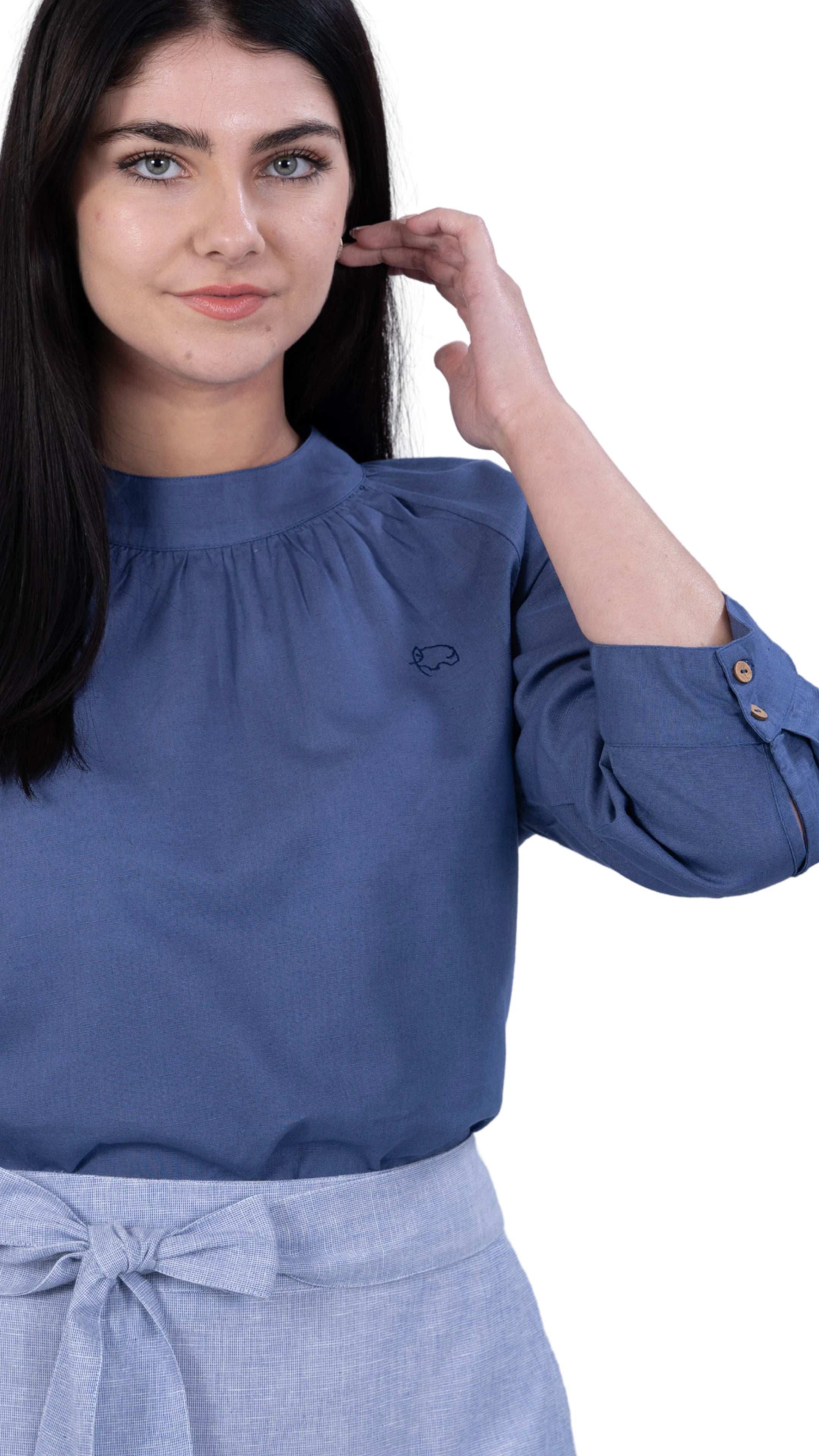 Embrace Tranquil Elegance: Bio Blue 3/4 Sleeve Linen Top - TopsKaree