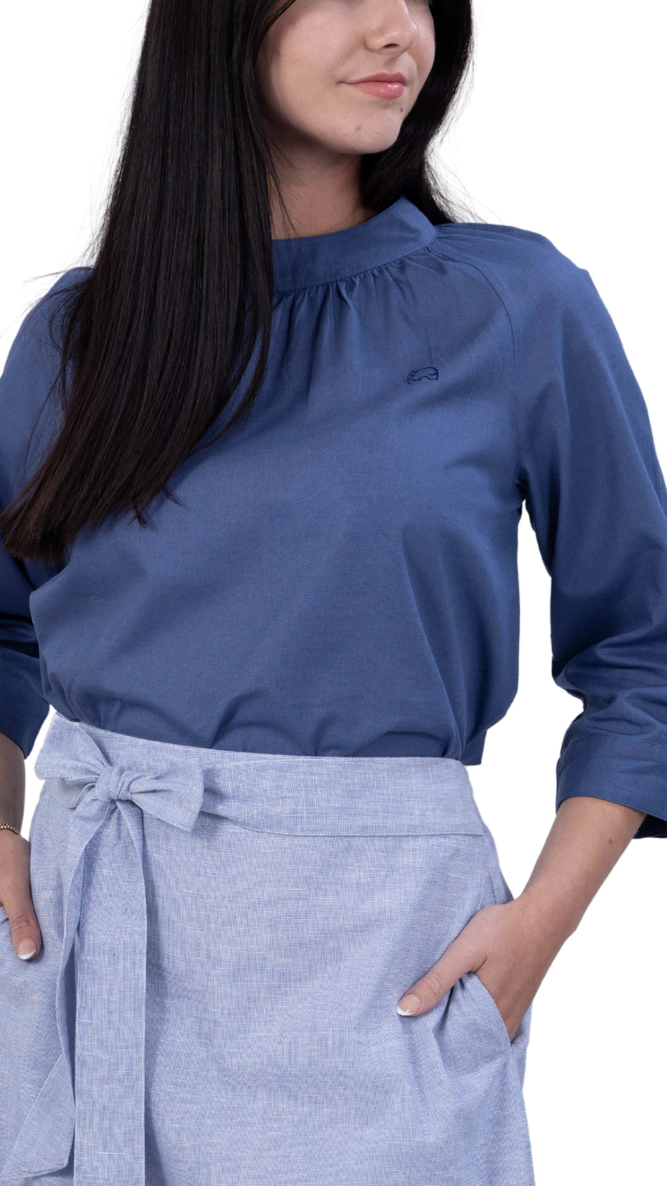 Embrace Tranquil Elegance: Bio Blue 3/4 Sleeve Linen Top - TopsKaree