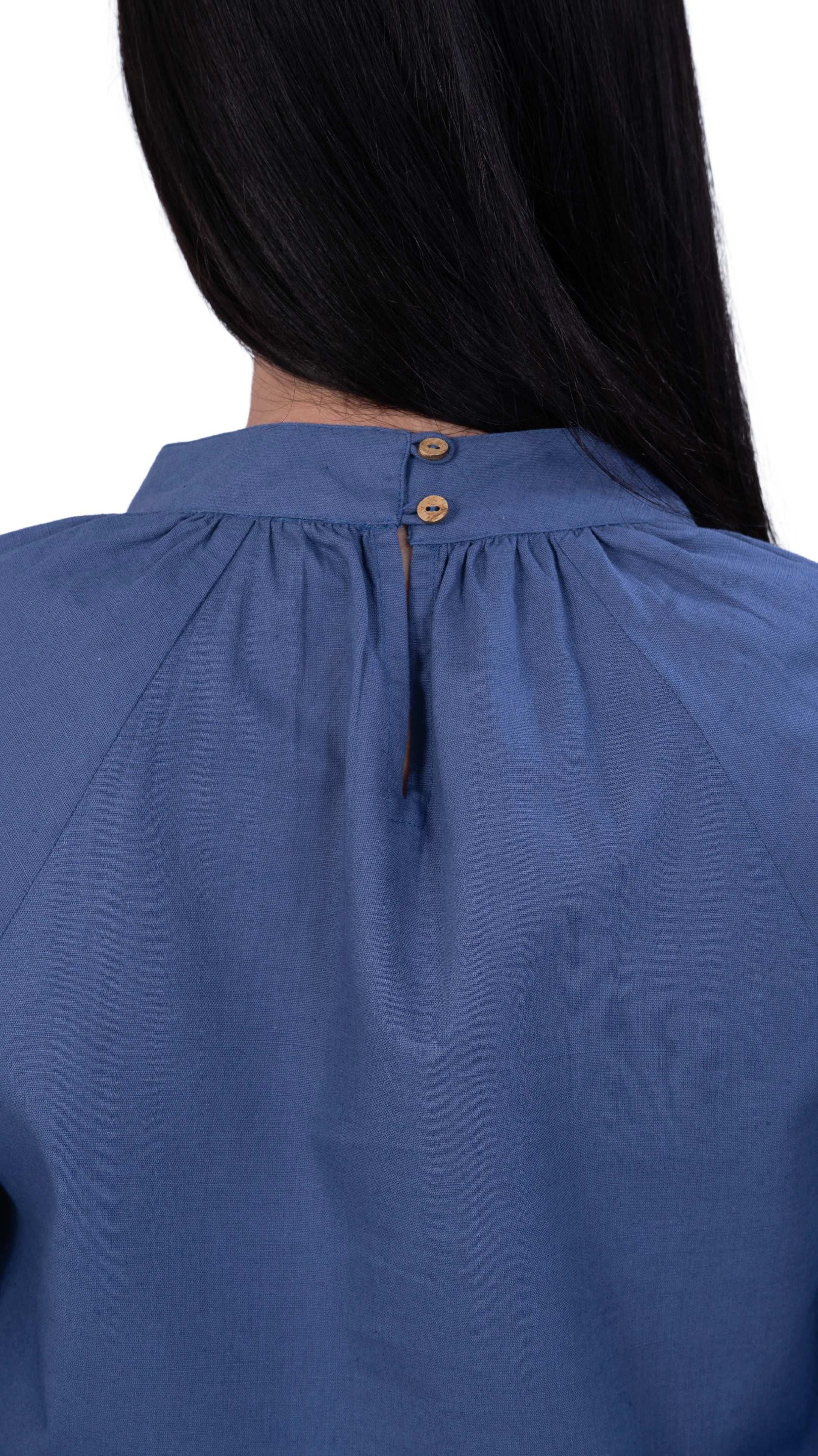 Embrace Tranquil Elegance: Bio Blue 3/4 Sleeve Linen Top - TopsKaree