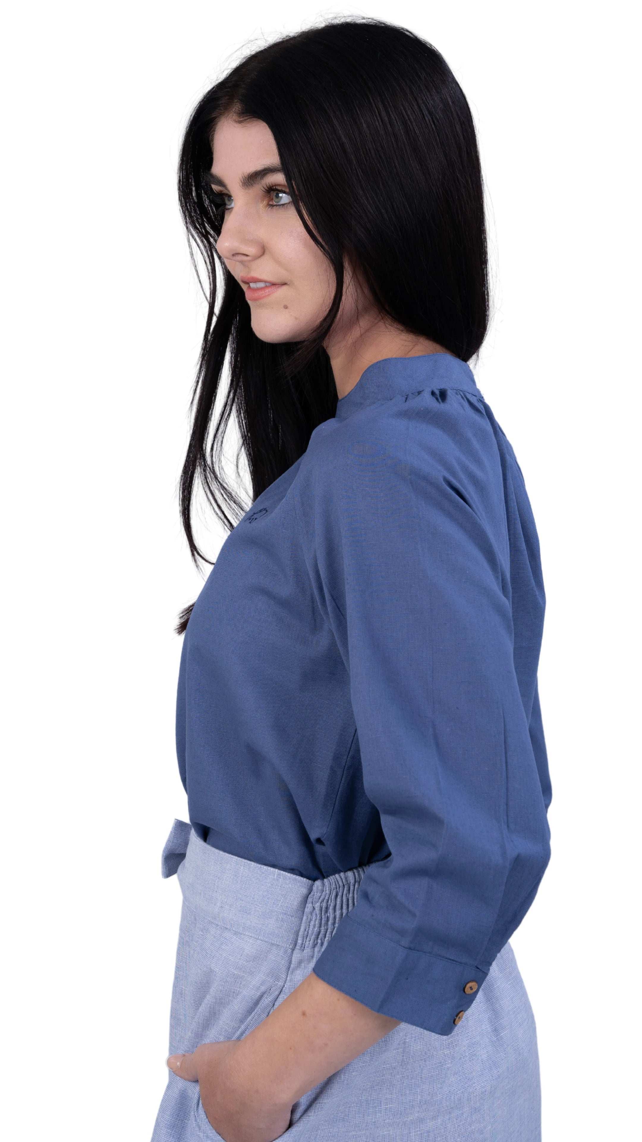 Embrace Tranquil Elegance: Bio Blue 3/4 Sleeve Linen Top - TopsKaree