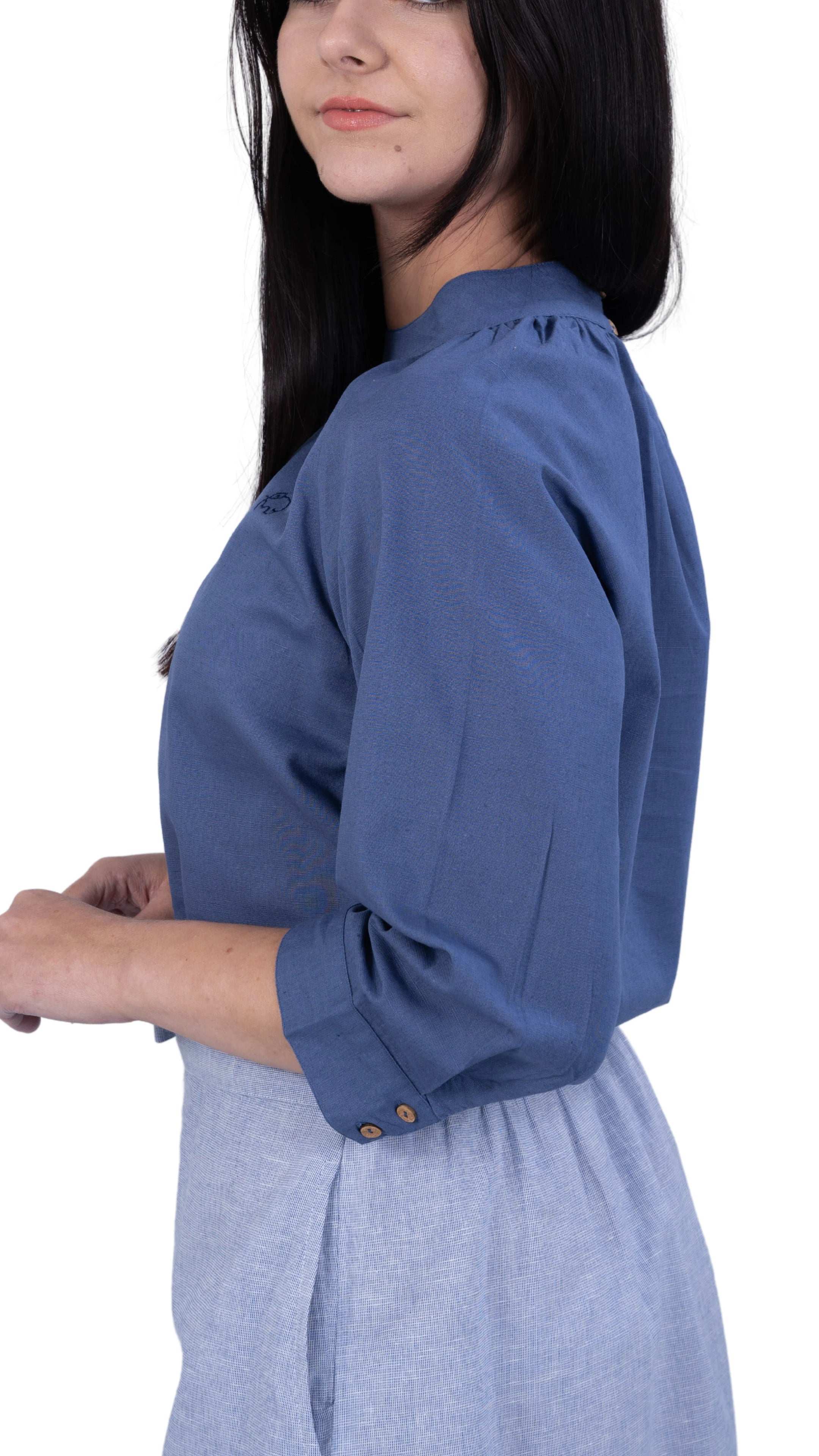 Embrace Tranquil Elegance: Bio Blue 3/4 Sleeve Linen Top - TopsKaree