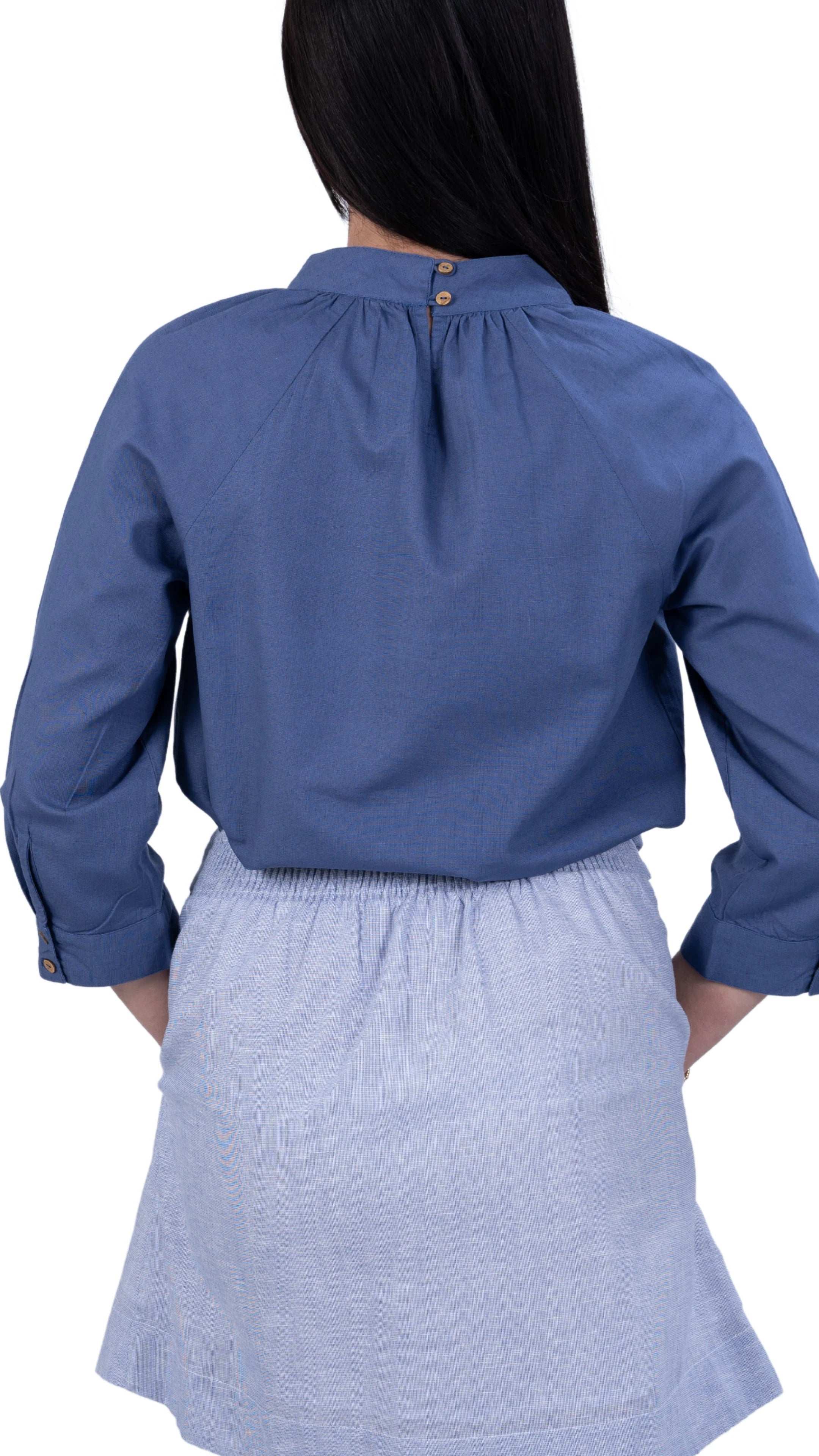 Embrace Tranquil Elegance: Bio Blue 3/4 Sleeve Linen Top - TopsKaree