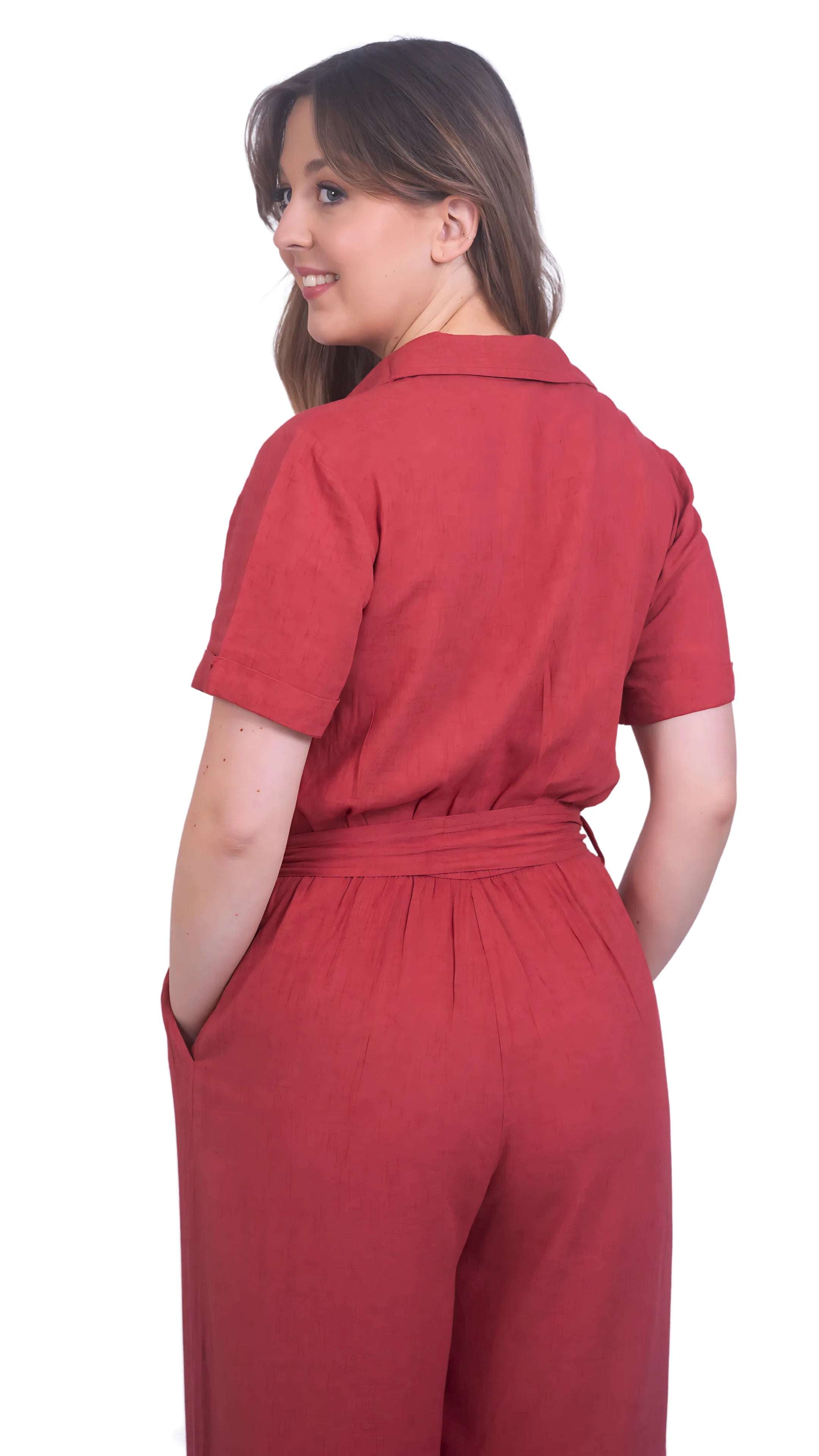 Ethically Made Muse: Milano Red Viscose Linen Jumpsuit for Women - JumpsuitsKaree