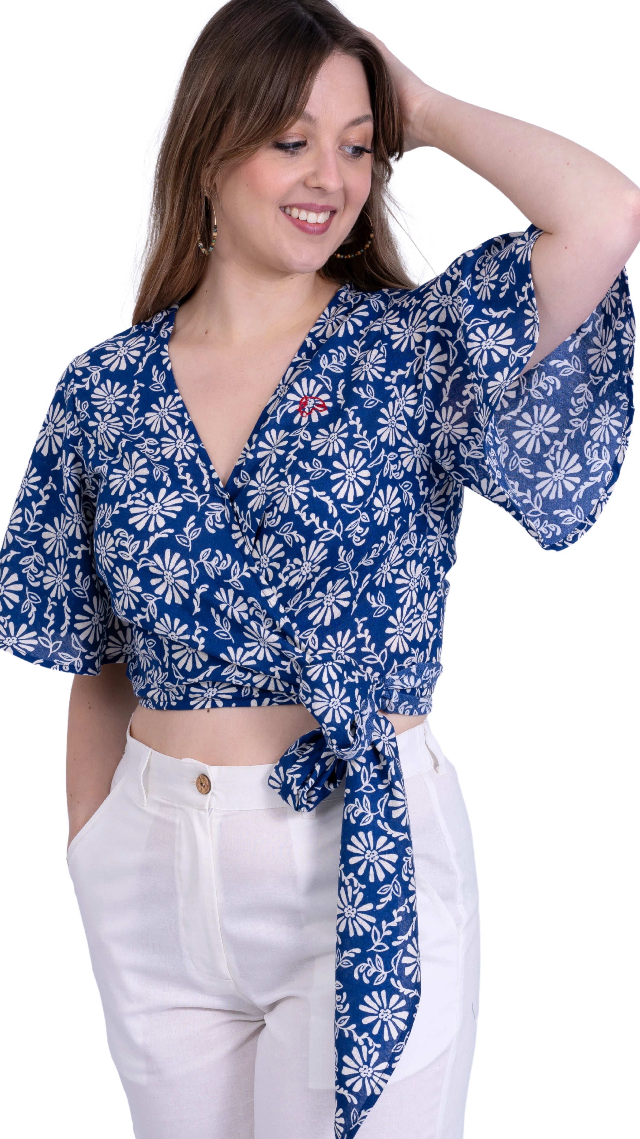 SereneBloom Women's Eco-Friendly Wrap Top - Blue Bliss