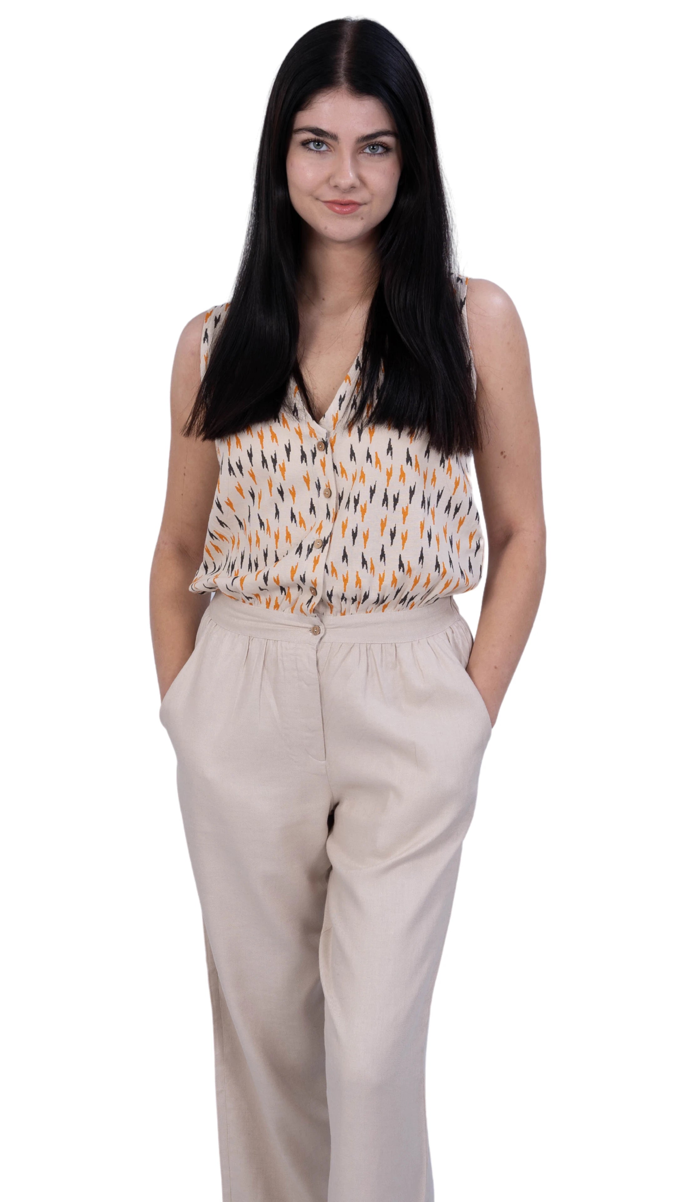 Beige Chevron Linen Jumpsuit | Women's Sustainable Fashion