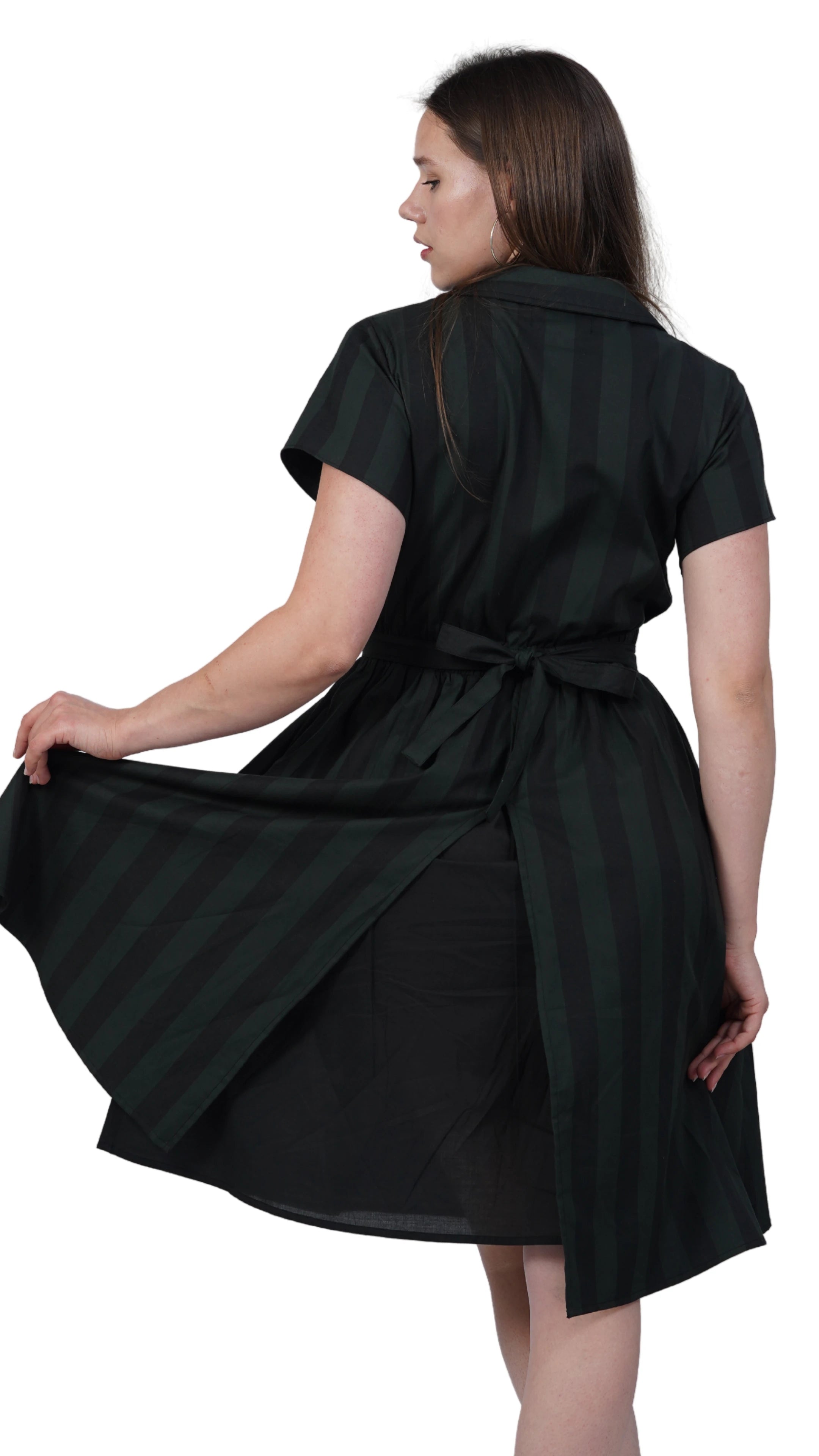 Elevate Your Style Sustainably: Green & Black Striped Elegance Slit Dress