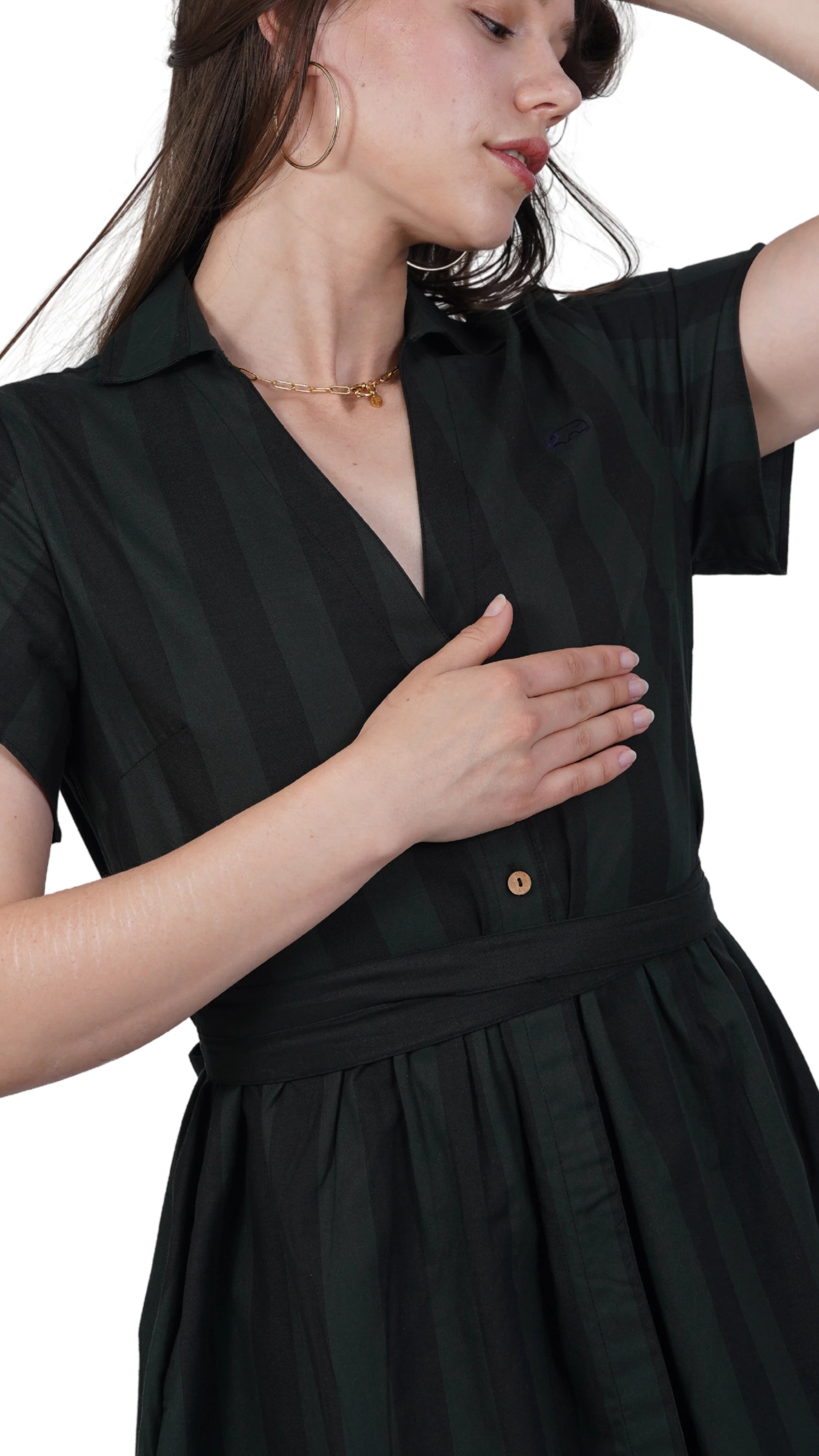 Elevate Your Style Sustainably: Green & Black Striped Elegance Slit Dress