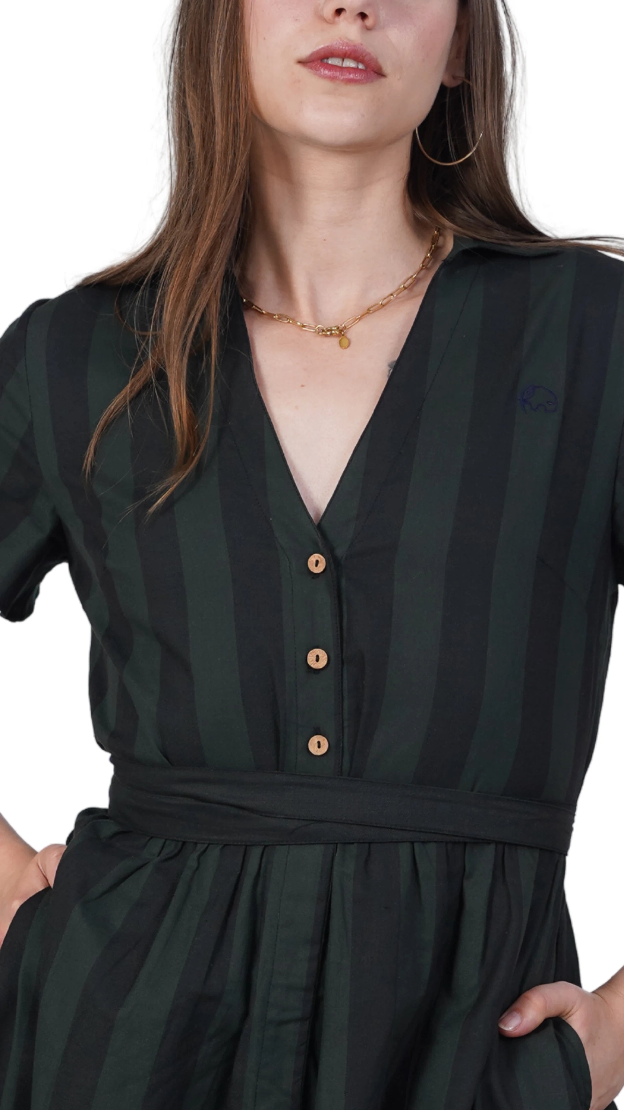 Elevate Your Style Sustainably: Green & Black Striped Elegance Slit Dress