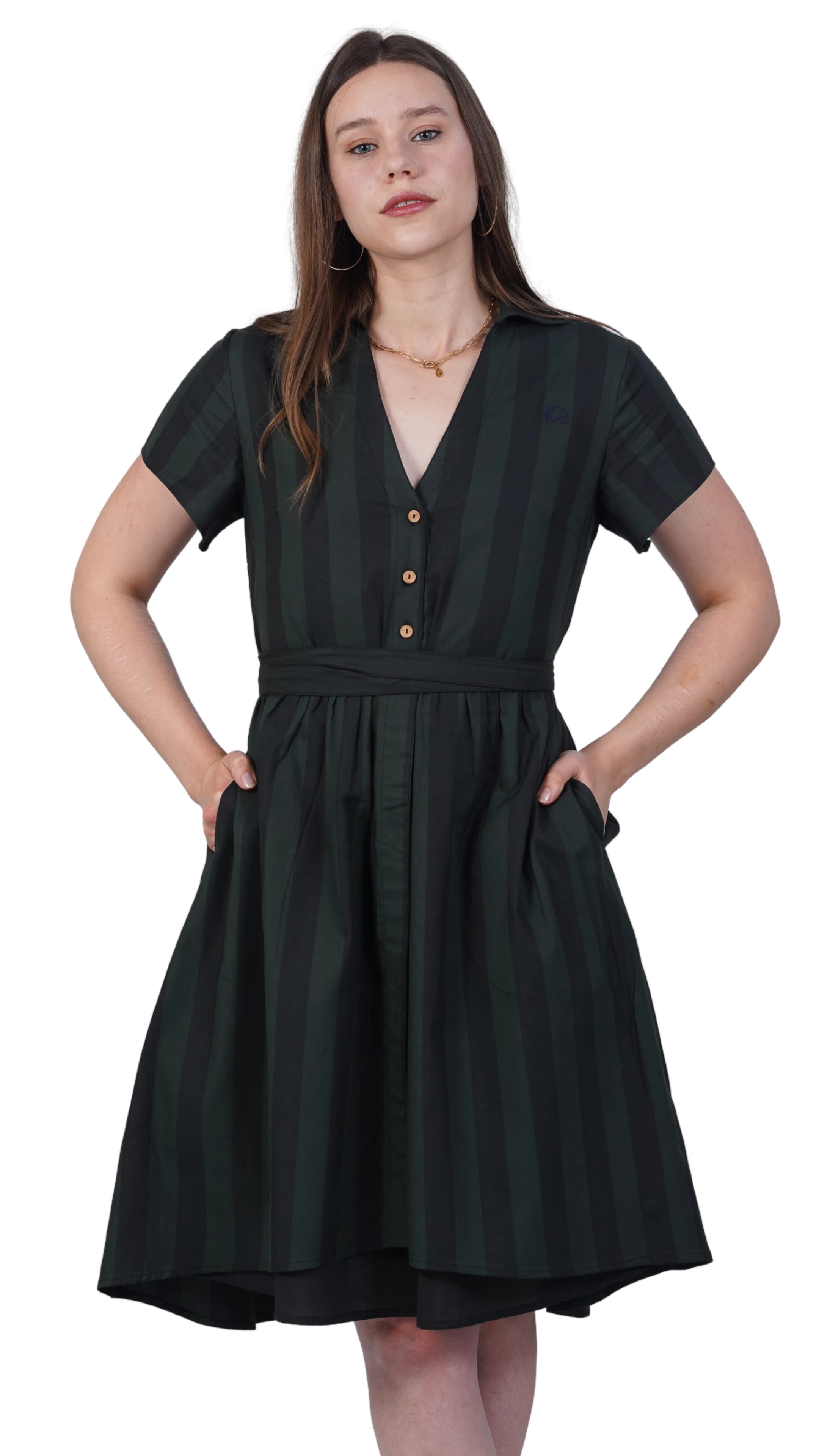 Elevate Your Style Sustainably: Green & Black Striped Elegance Slit Dress