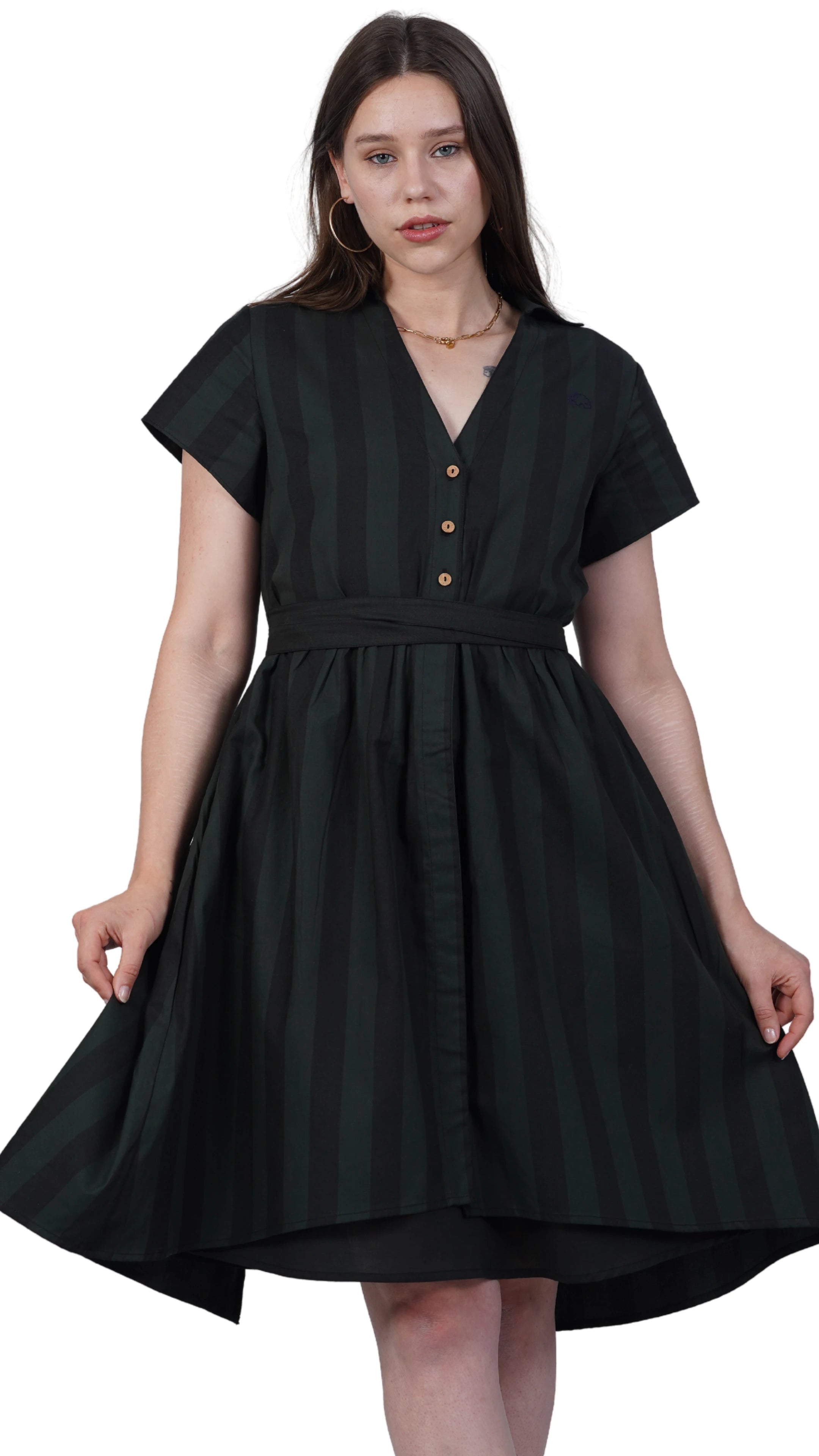 Elevate Your Style Sustainably: Green & Black Striped Elegance Slit Dress