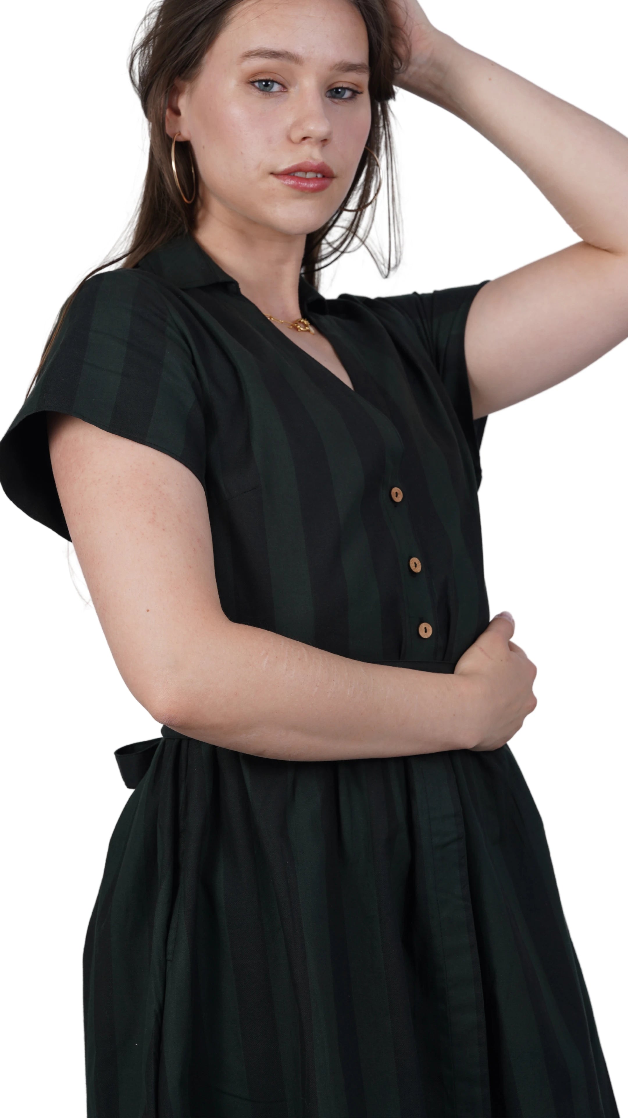 Elevate Your Style Sustainably: Green & Black Striped Elegance Slit Dress