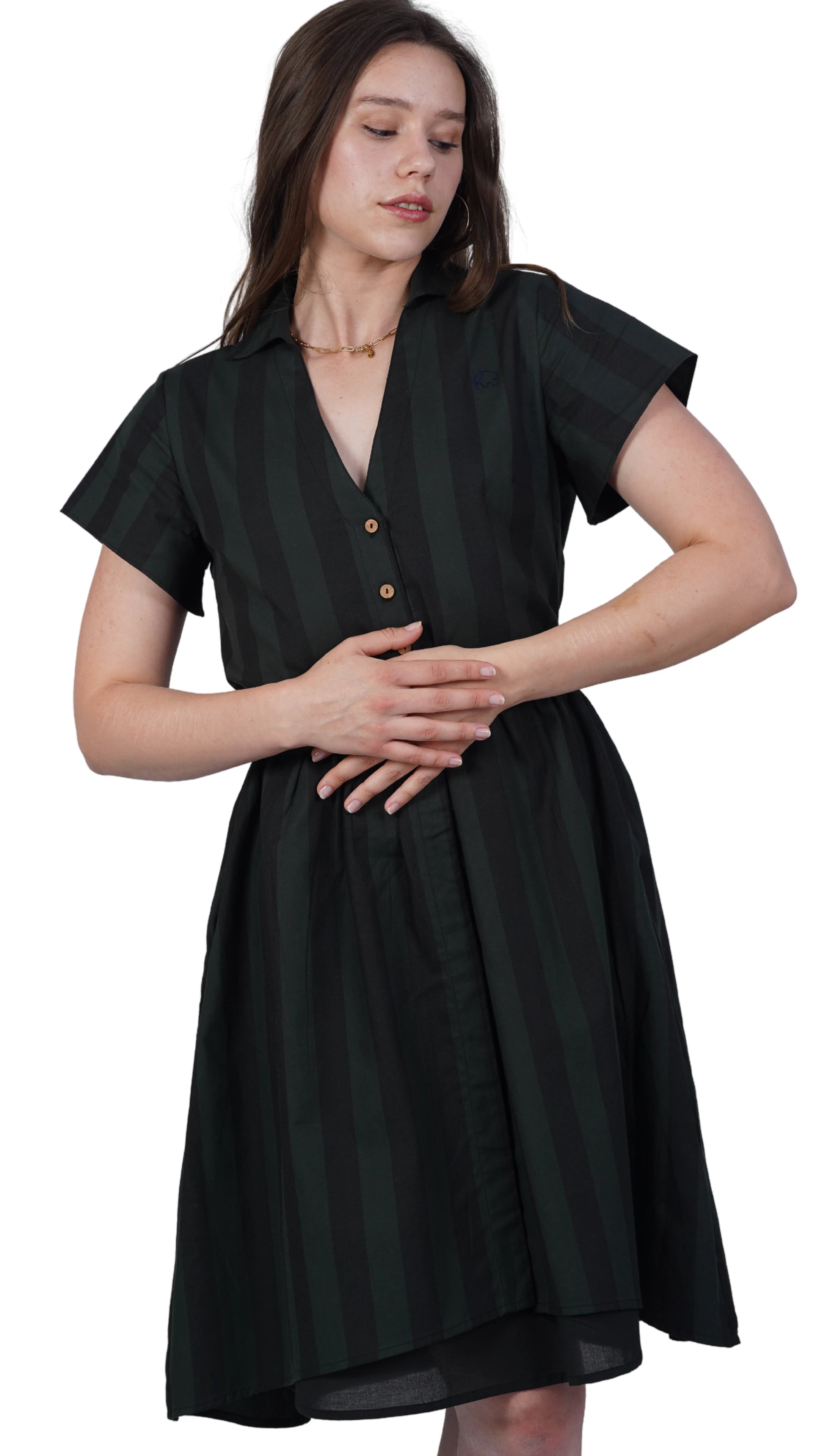 Elevate Your Style Sustainably: Green & Black Striped Elegance Slit Dress