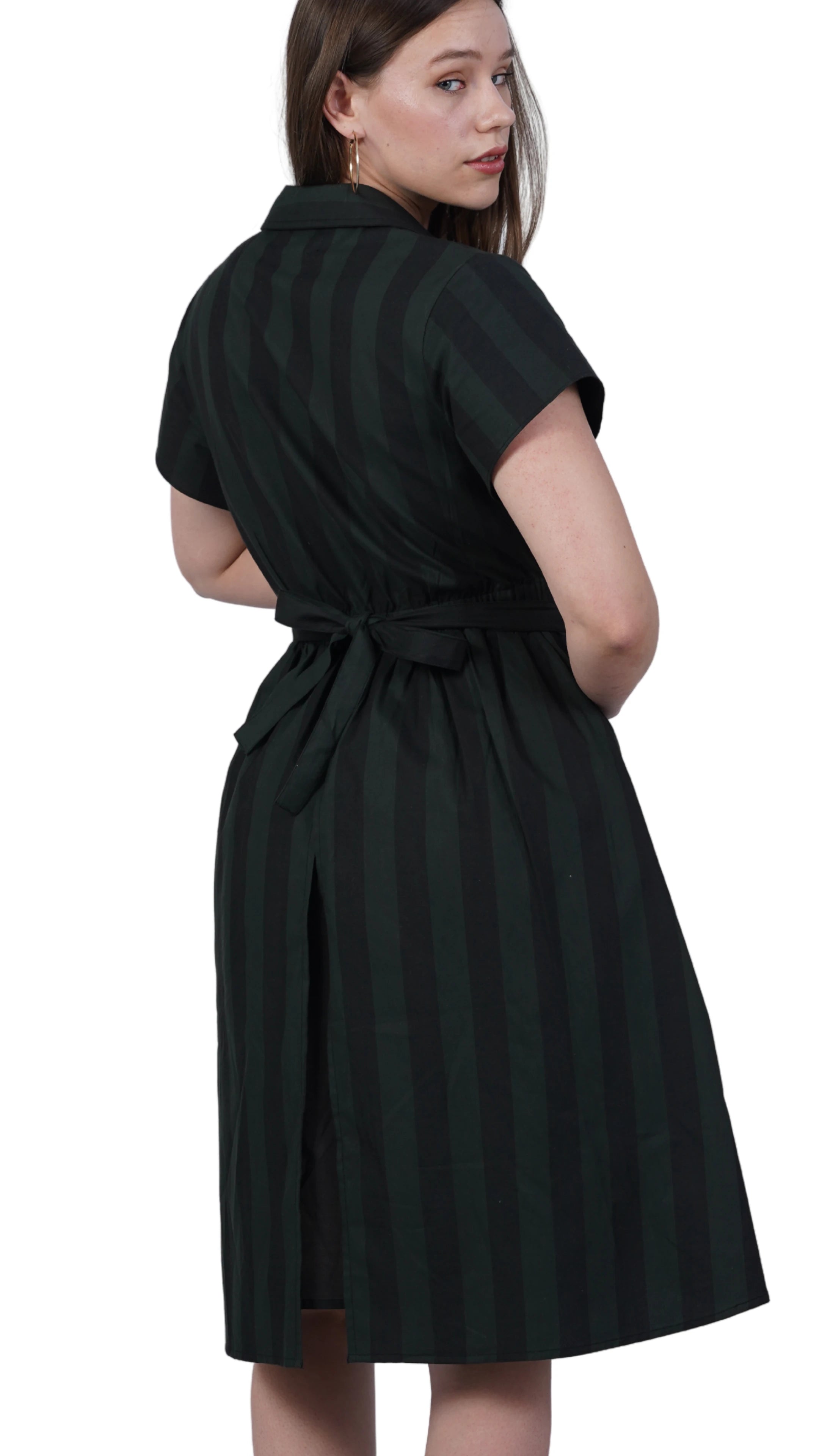 Elevate Your Style Sustainably: Green & Black Striped Elegance Slit Dress