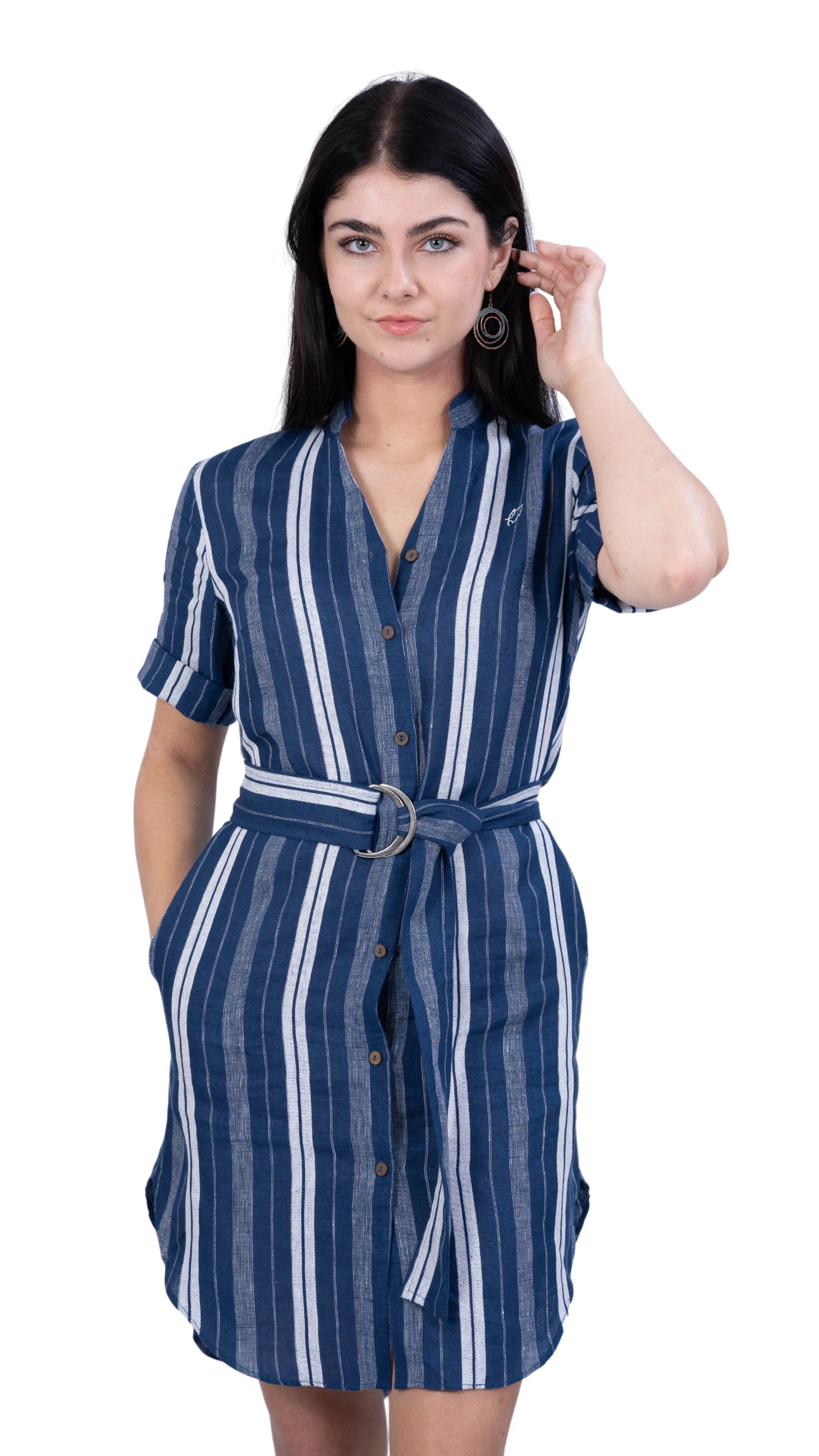 V-Neck Linen Dress with Mandarin Collar for women