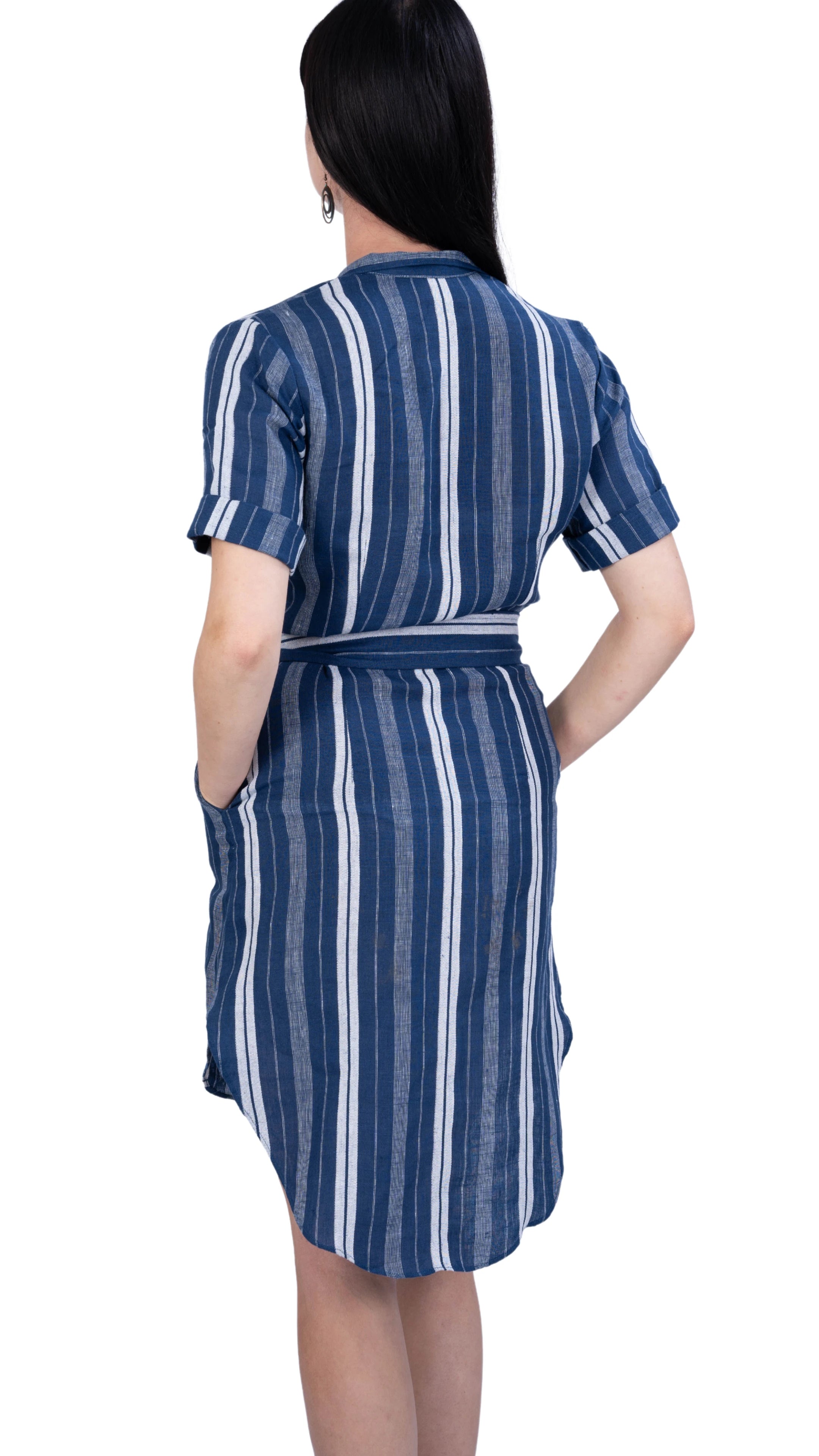 V-Neck Linen Dress with Mandarin Collar for women