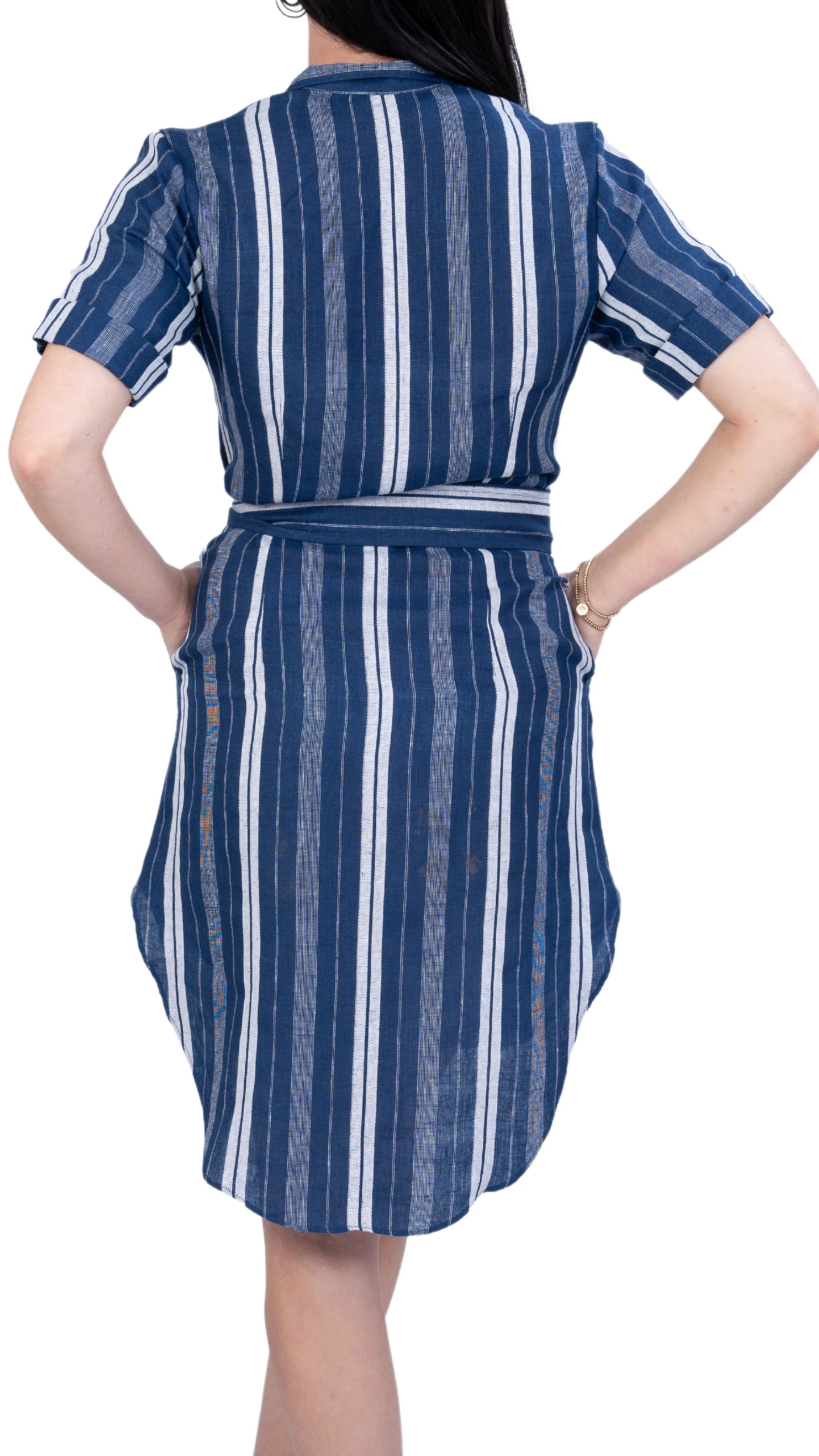 V-Neck Linen Dress with Mandarin Collar for women