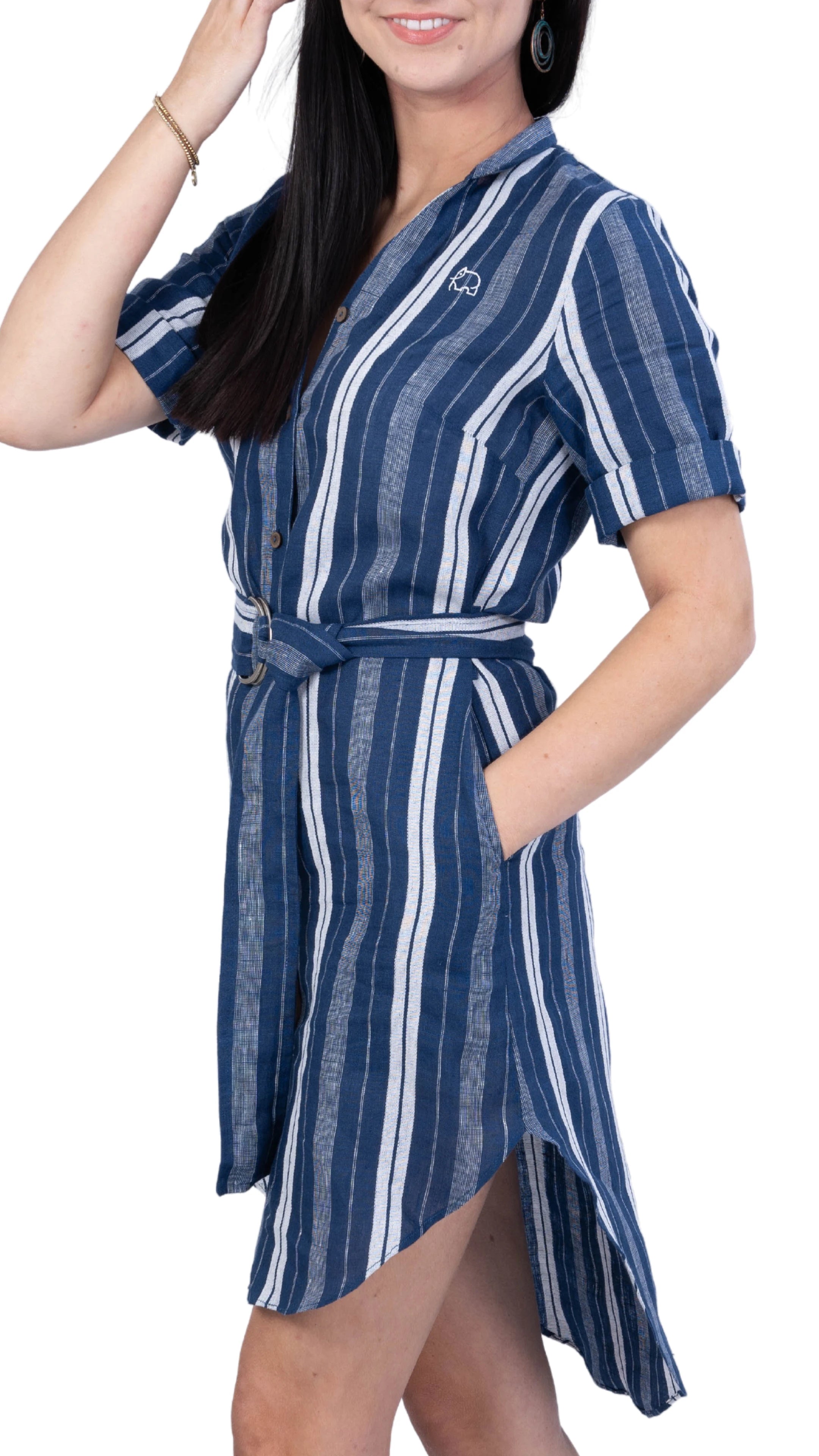 V-Neck Linen Dress with Mandarin Collar for women