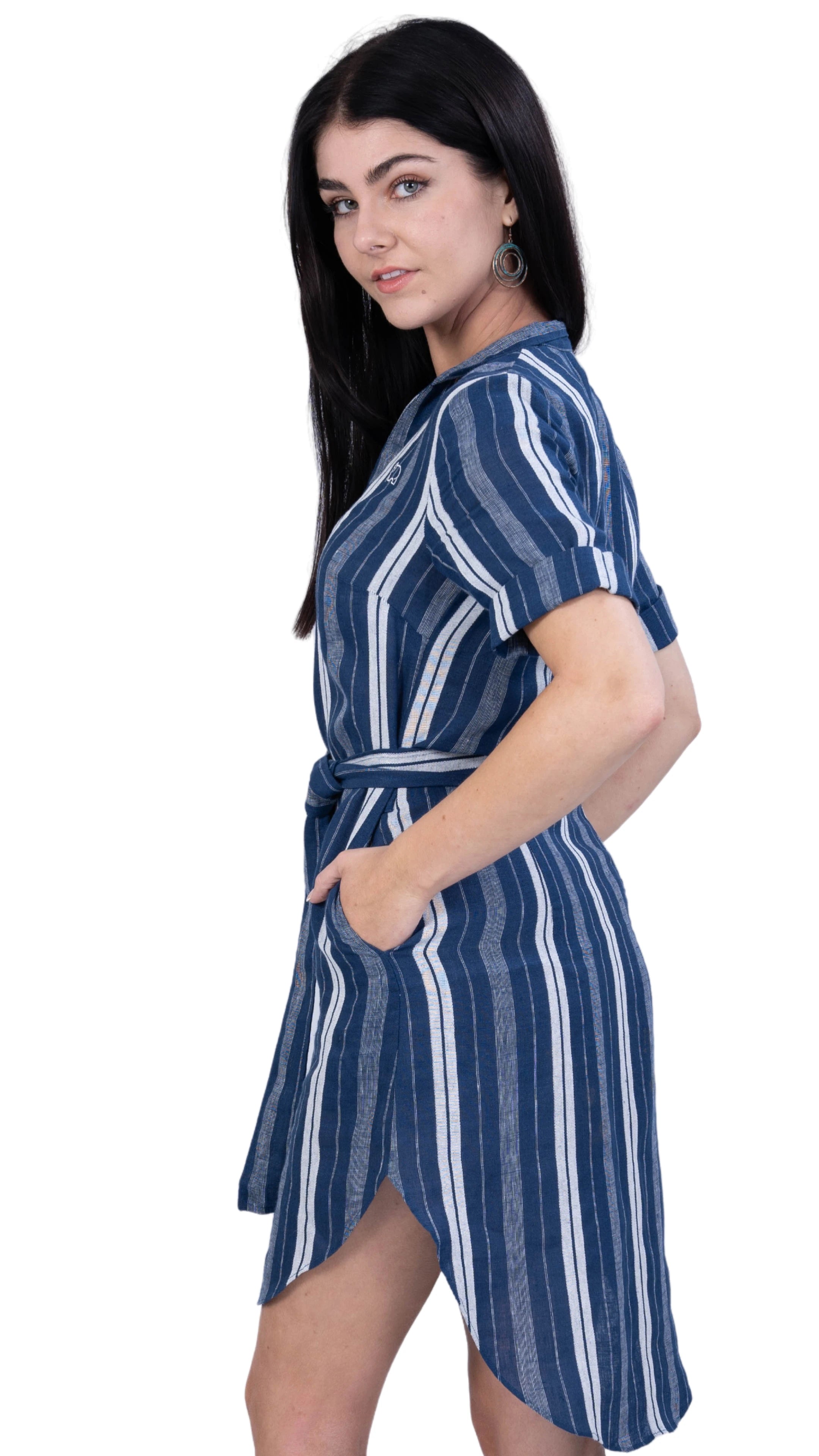 V-Neck Linen Dress with Mandarin Collar for women