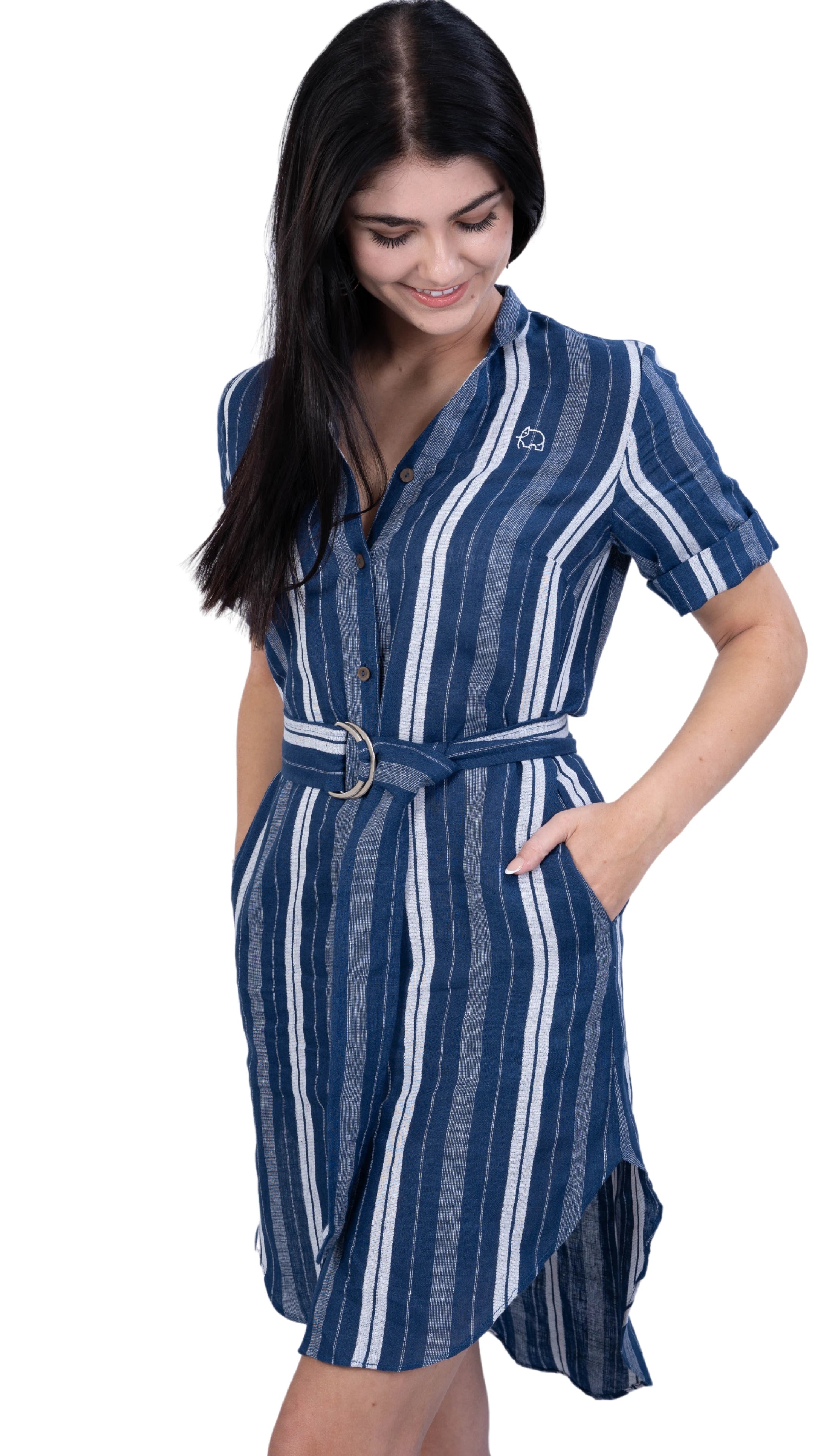 V-Neck Linen Dress with Mandarin Collar for women