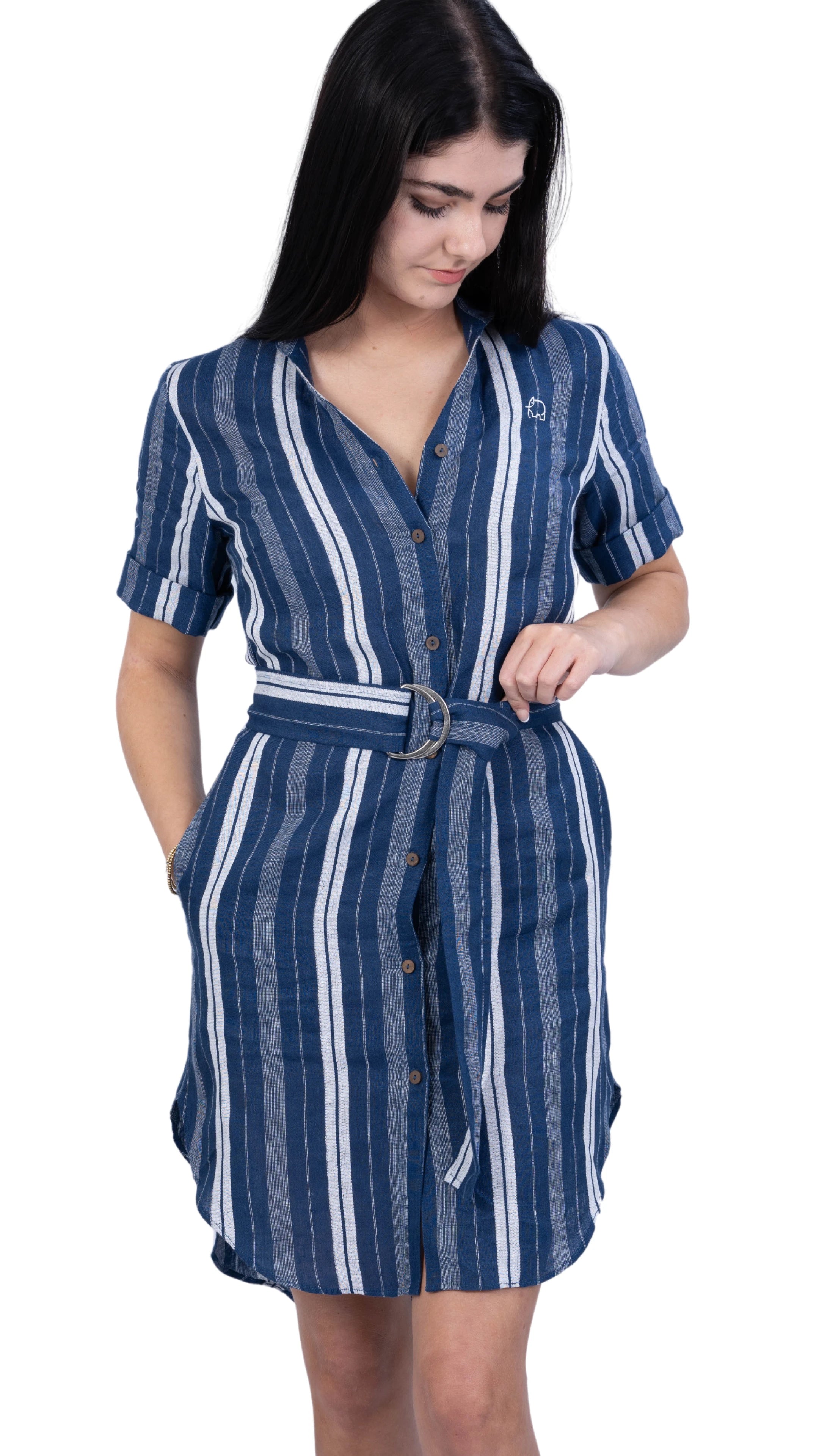 V-Neck Linen Dress with Mandarin Collar for women