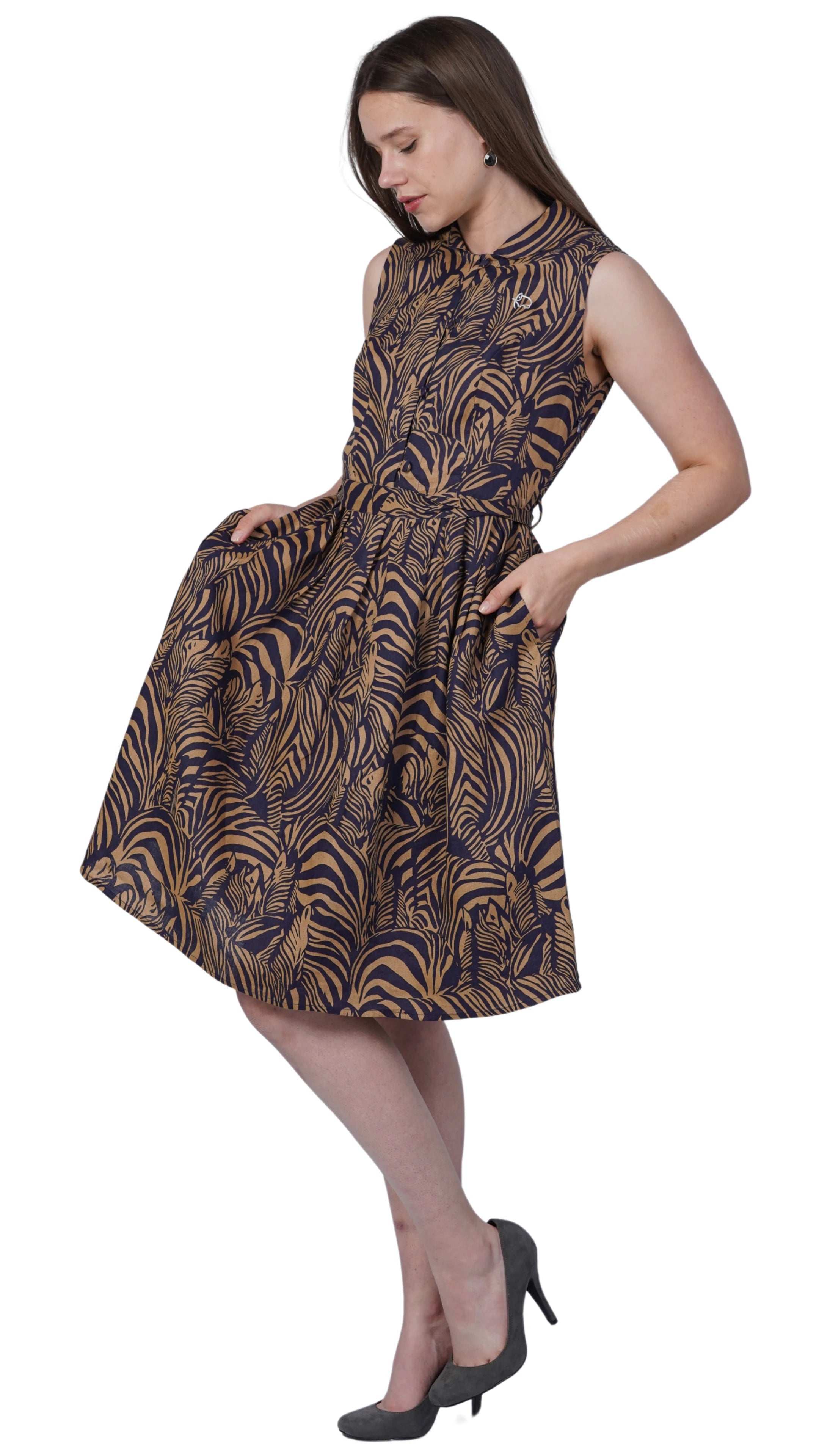 Sustainable Elegance: Eco - Friendly Navy Dress with Golden Enchantment - DressKaree