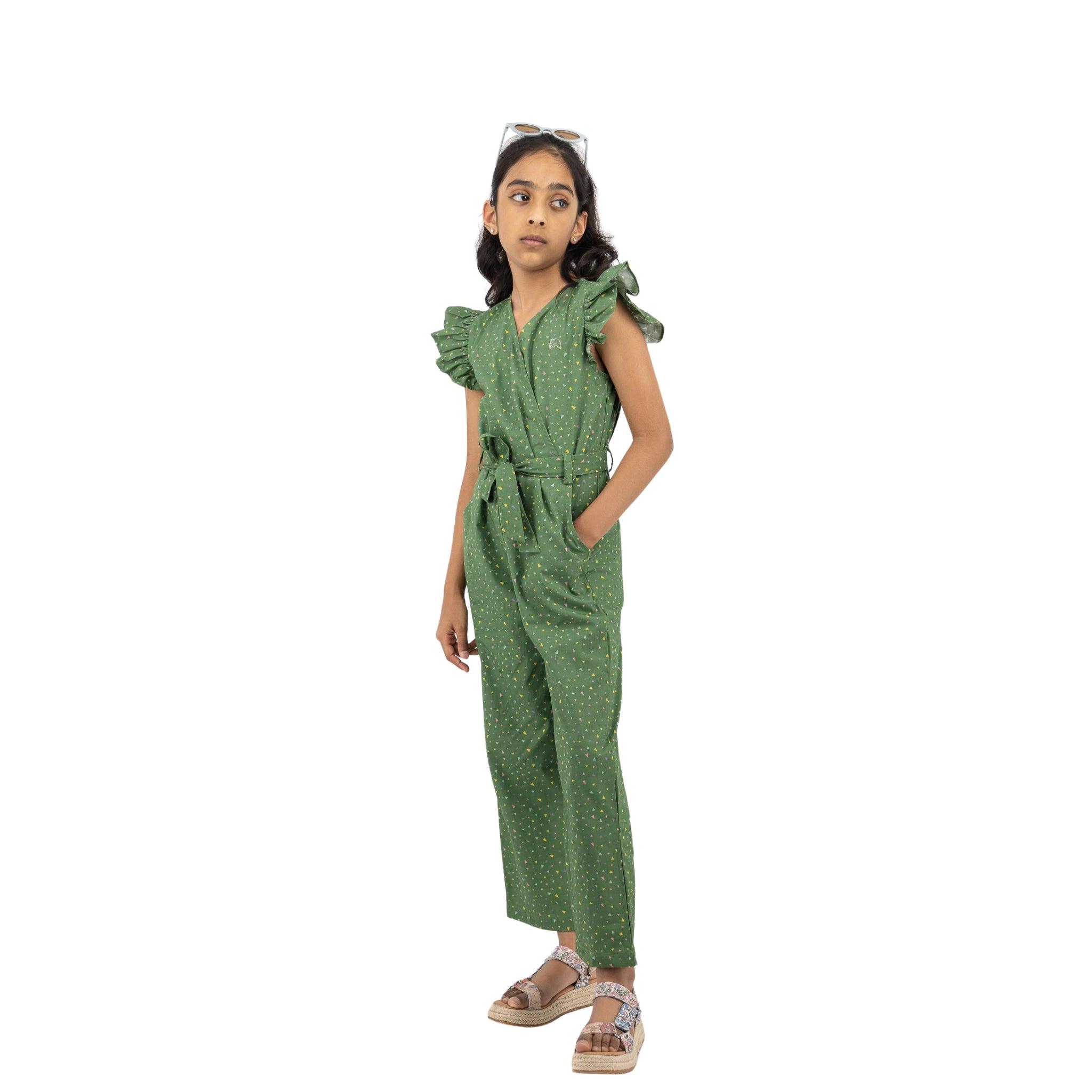 Sustainable Summer Fun: Green Confetti Cotton Jumpsuit for Girls - JumpsuitsKaree
