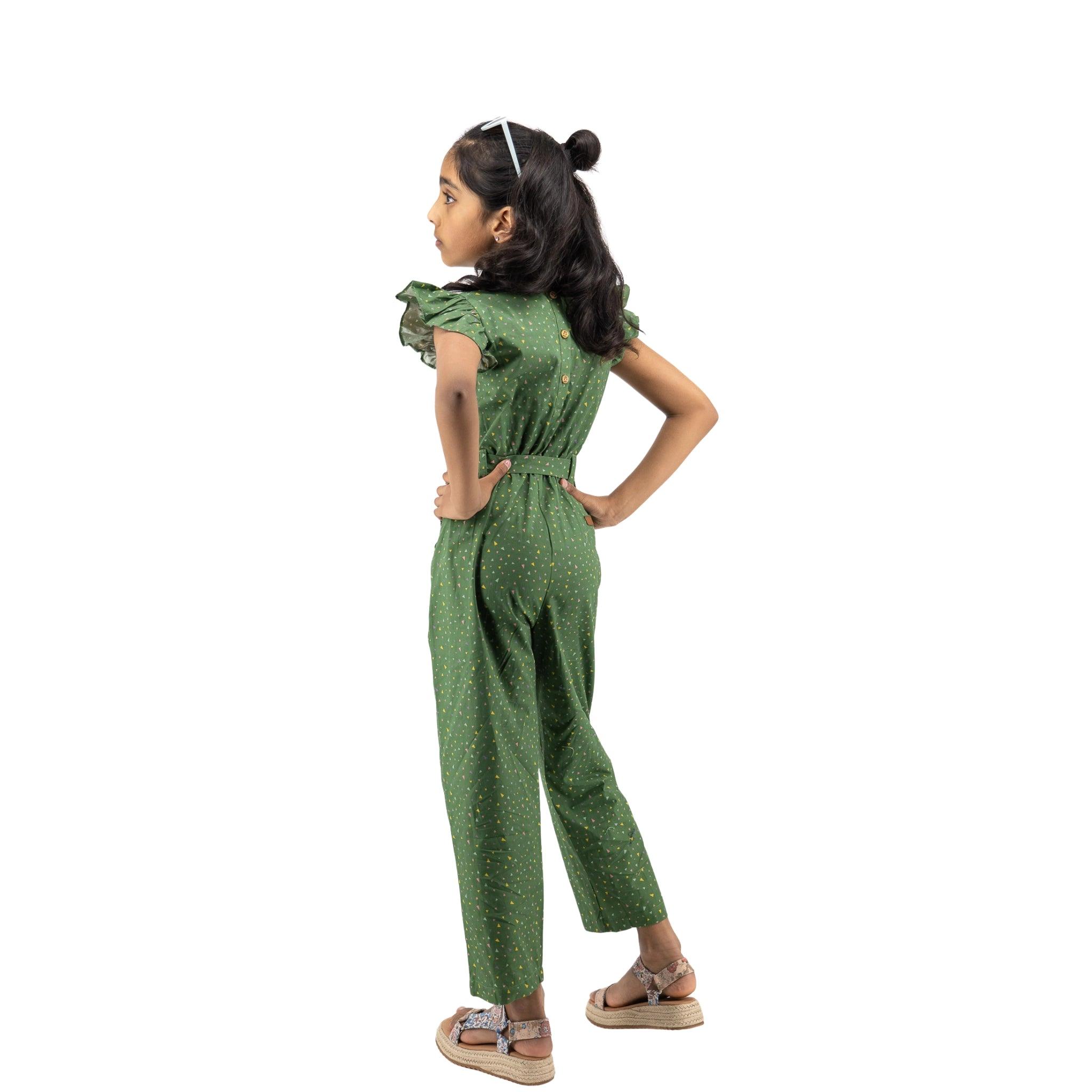 Sustainable Summer Fun: Green Confetti Cotton Jumpsuit for Girls - JumpsuitsKaree